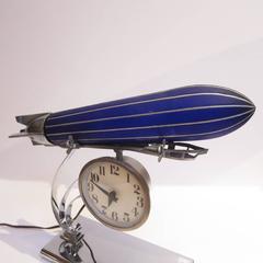 Rare Art Deco Cobalt Glass and Chrome Blimp Clock and Lamp