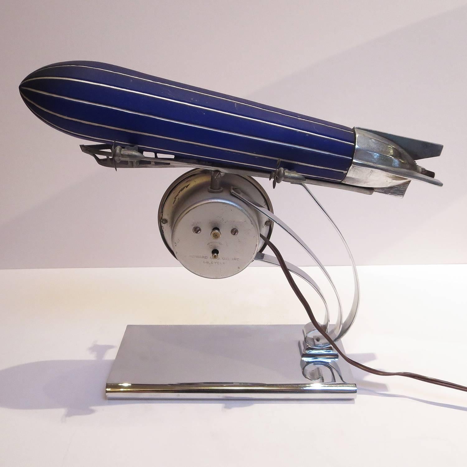 American Rare Art Deco Cobalt Glass and Chrome Blimp Clock and Lamp