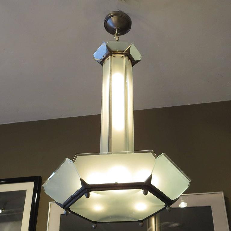 Art Deco Hanging Chandelier in Frosted Glass and Nickeled Bronze at 1stDibs