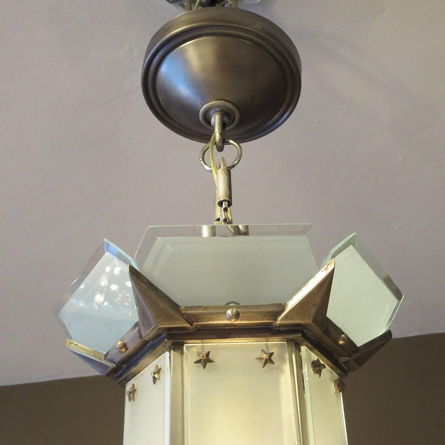 Plated Art Deco Hanging Chandelier in Frosted Glass and Nickeled Bronze
