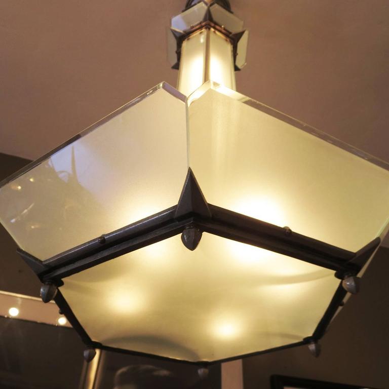 Art Deco Hanging Chandelier in Frosted Glass and Nickeled Bronze at 1stDibs