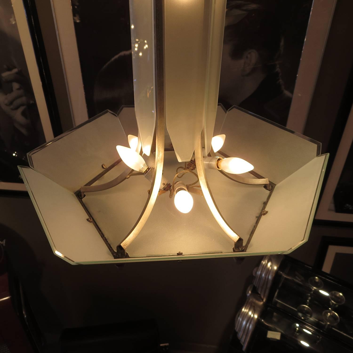 Mid-20th Century Art Deco Hanging Chandelier in Frosted Glass and Nickeled Bronze