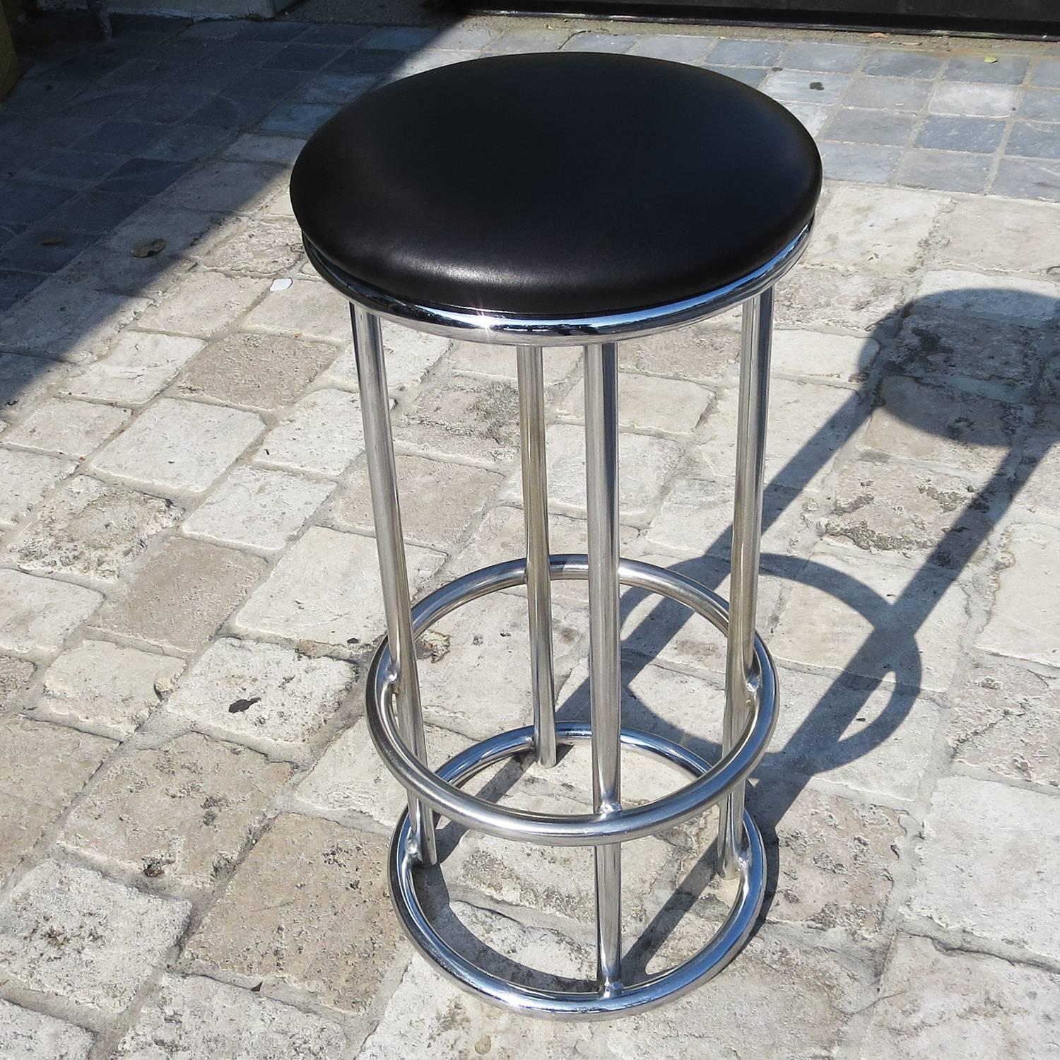 American Pair of Art Deco Chrome and Leather Barstools