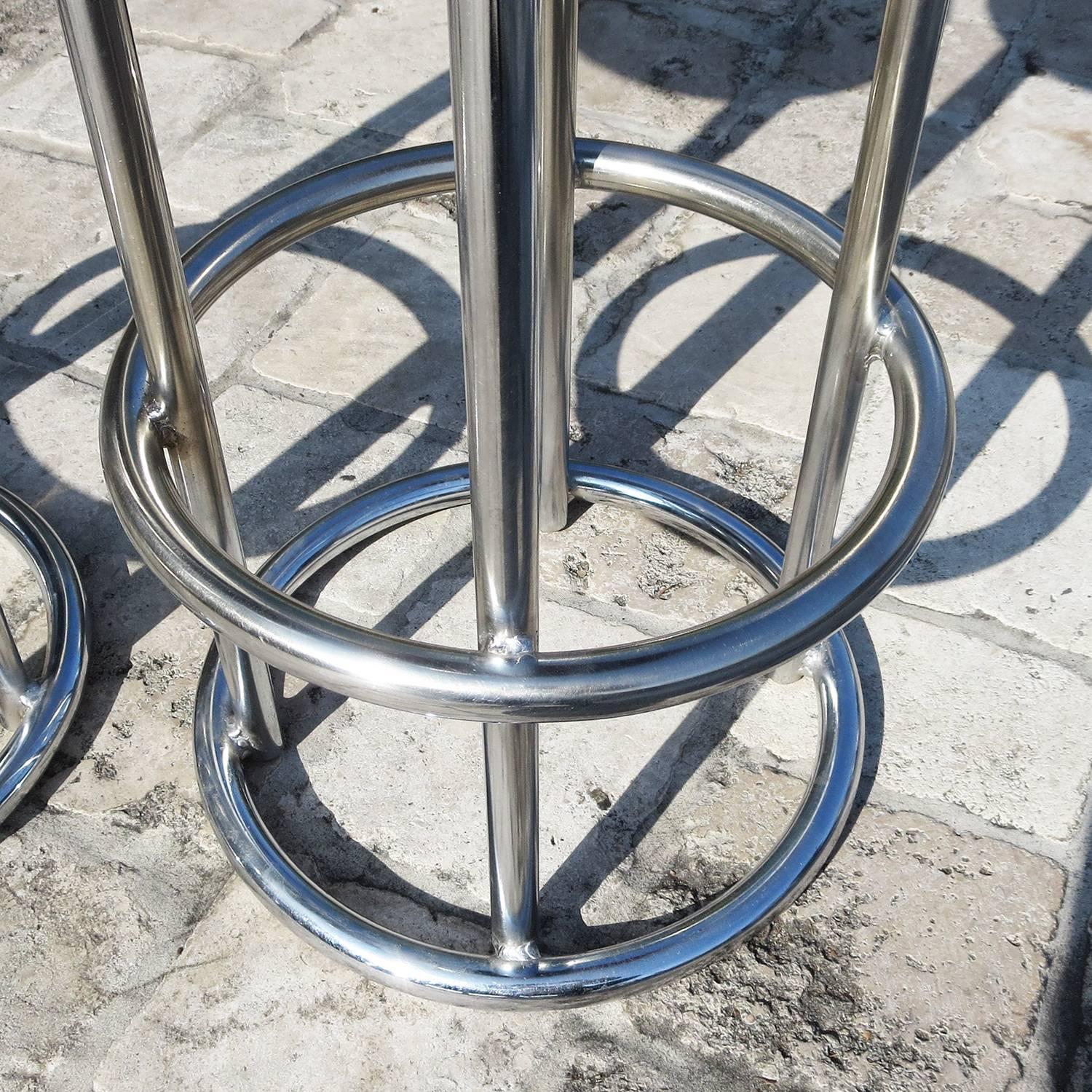 Plated Pair of Art Deco Chrome and Leather Barstools