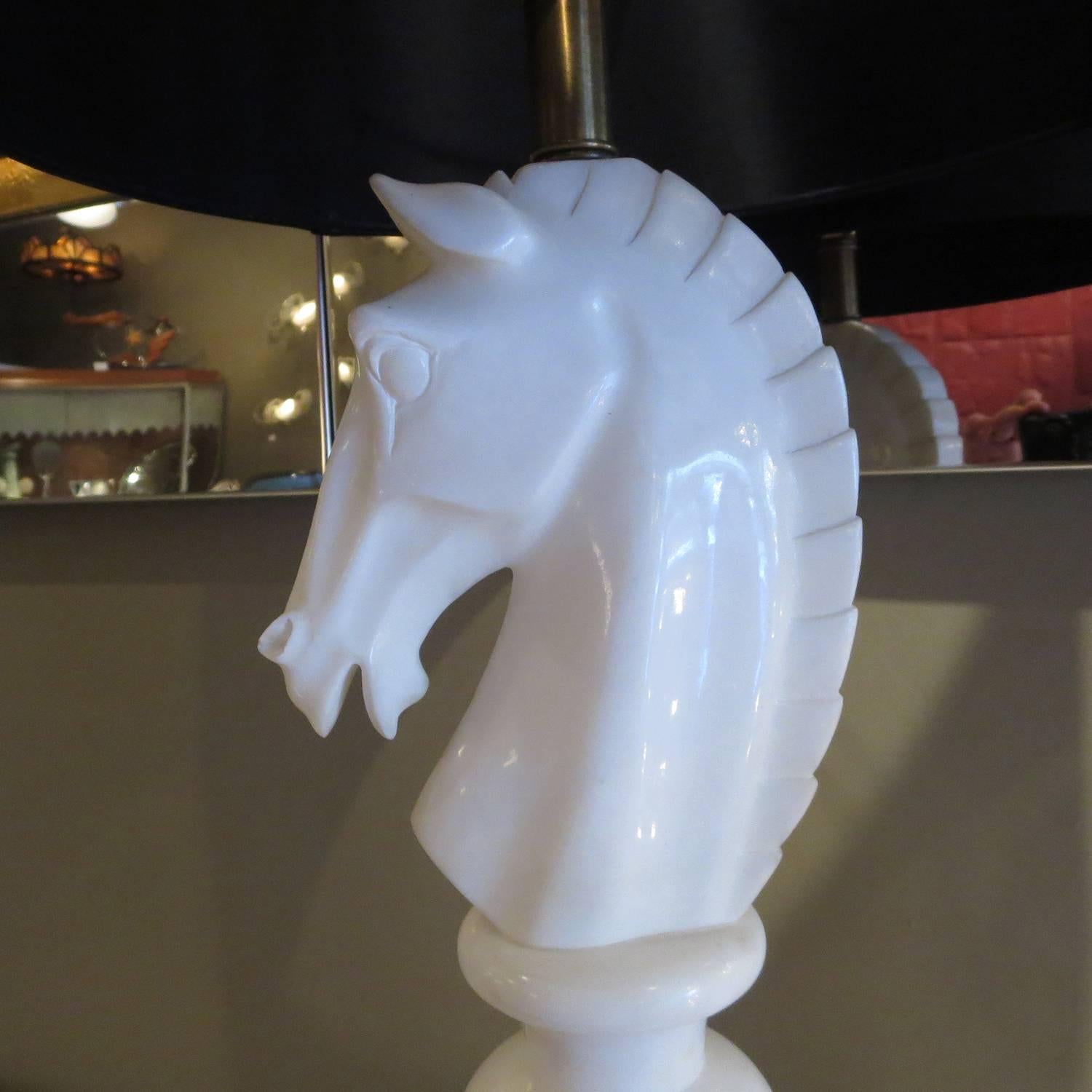 Mid-Century Modern Horse Head Chess Knights Carved Alabaster Lamps
