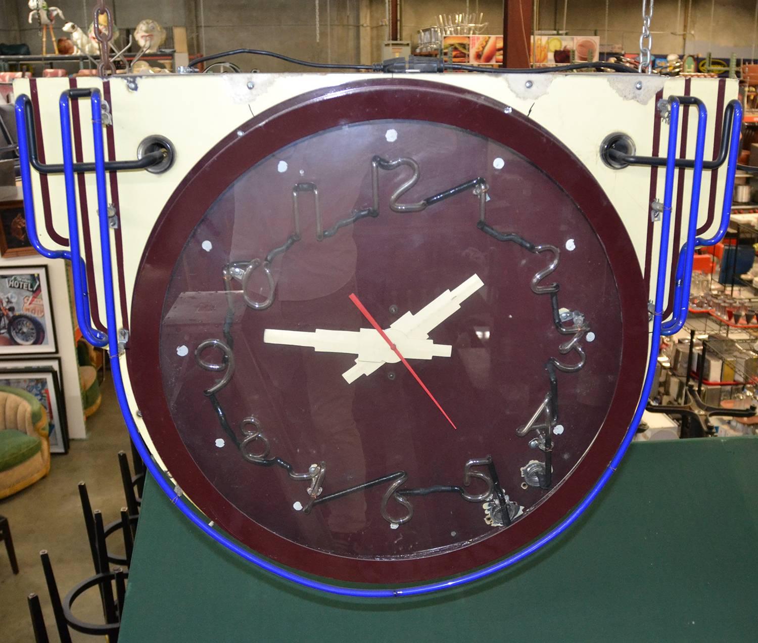 Double Sided Enameled Neon Clock In Good Condition In North Hollywood, CA
