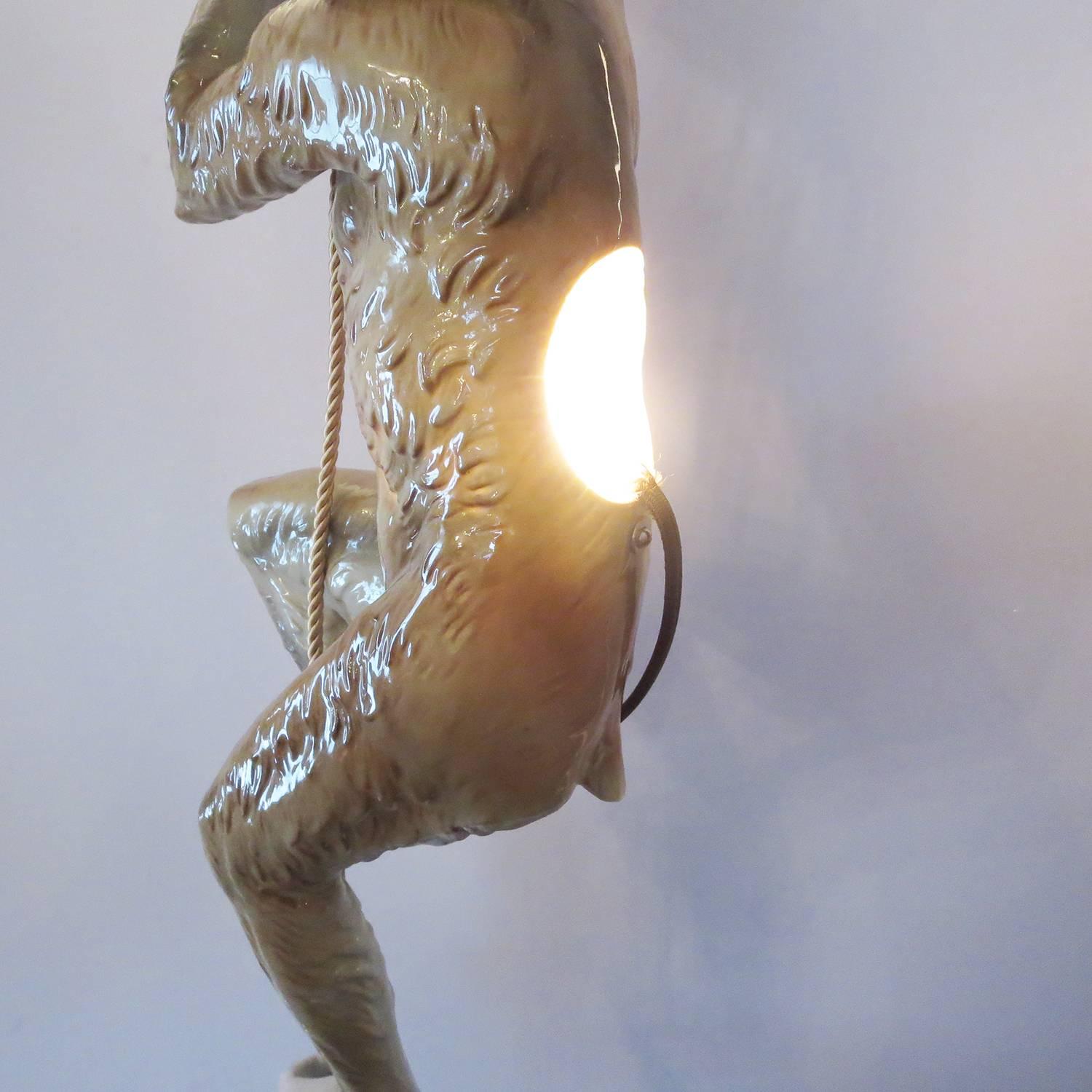 Italian Capodimonte Glazed Ceramic Hanging Monkey Lamp