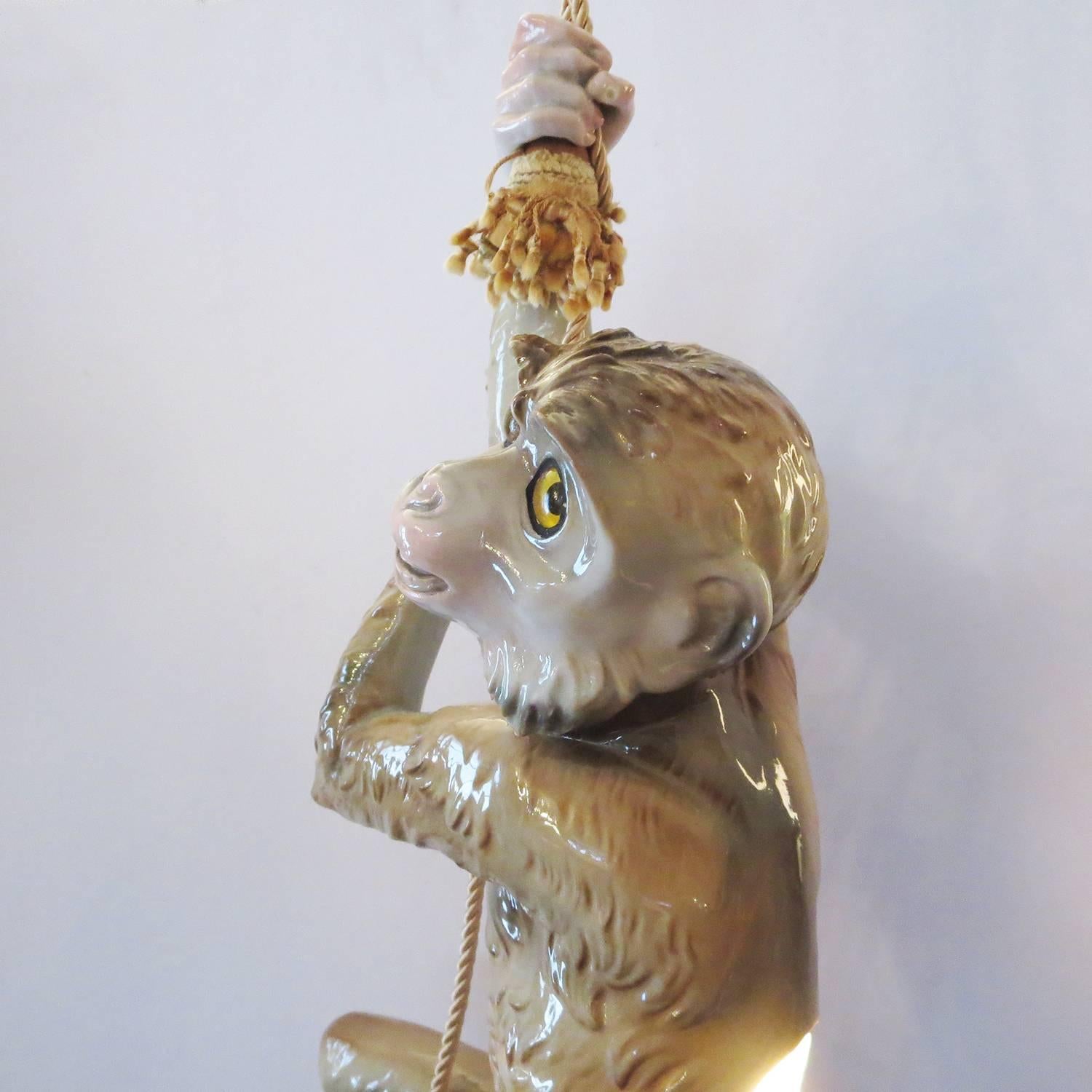 Capodimonte Glazed Ceramic Hanging Monkey Lamp In Excellent Condition In North Hollywood, CA