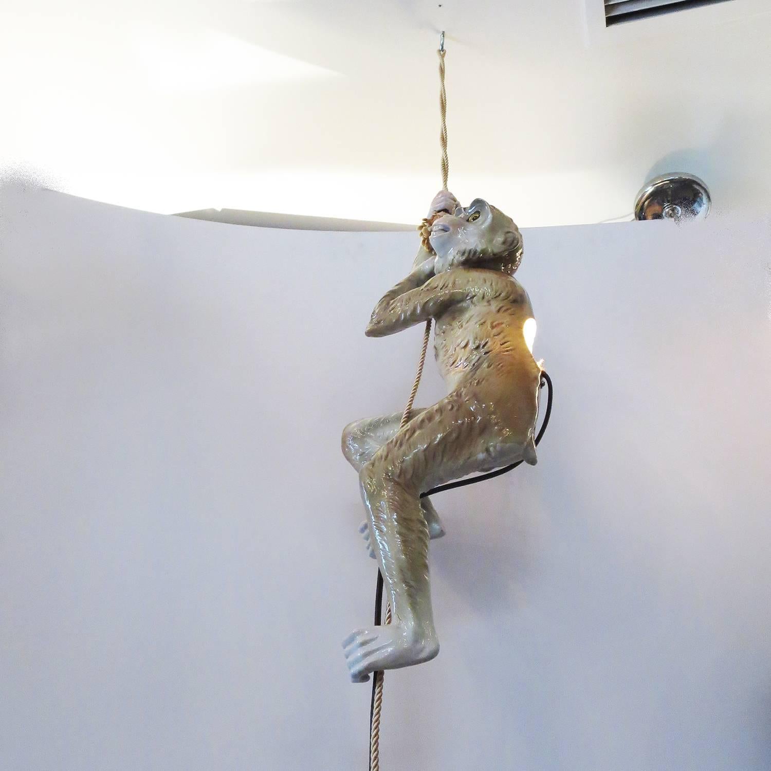 Mid-20th Century Capodimonte Glazed Ceramic Hanging Monkey Lamp