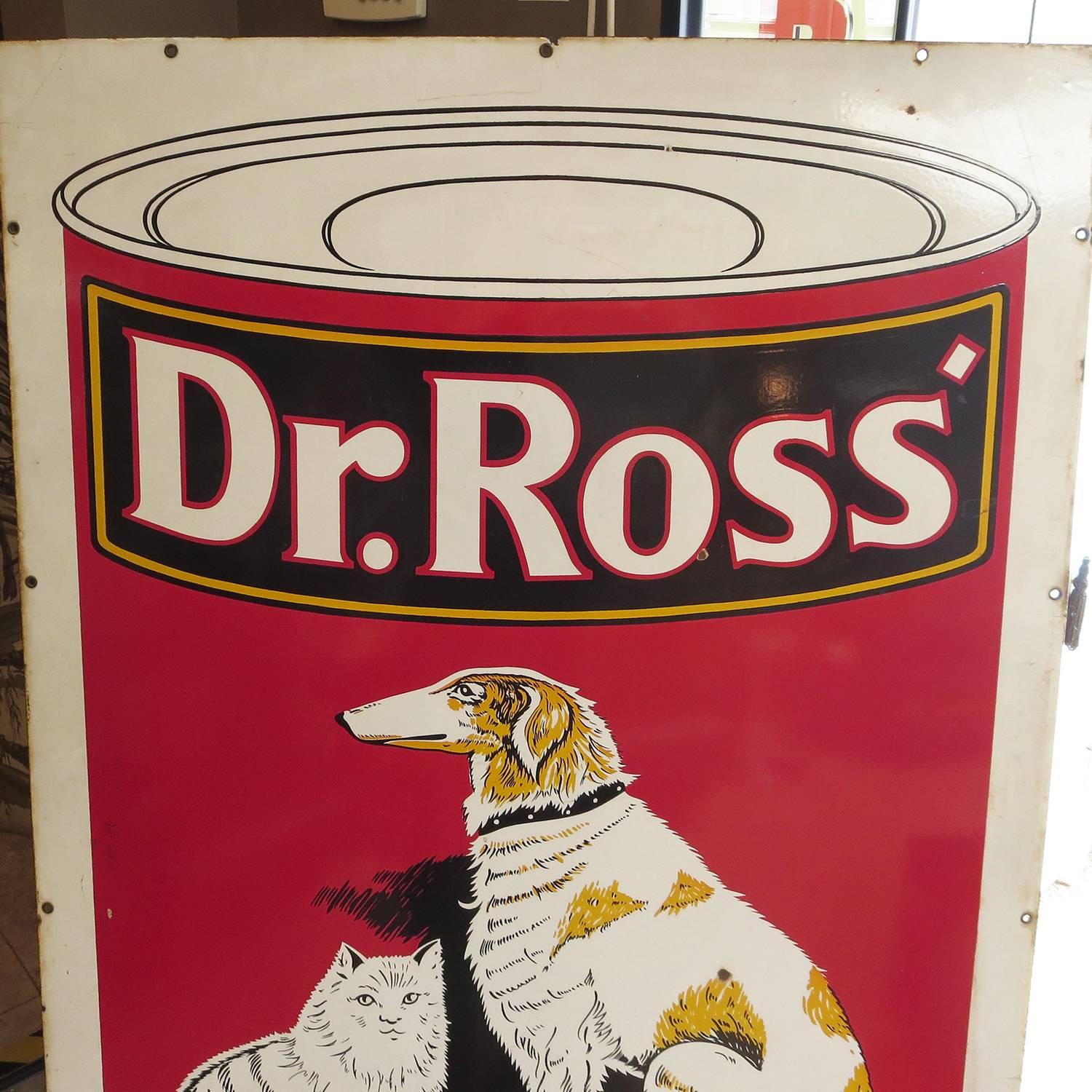Founded in 1932, and closed in 1944, Dr. Ross dog and cat food was one of the largest pet food companies in California. This great sign illustrates one of the red cans the company offered. In brilliant baked porcelain enamel over steel, the large