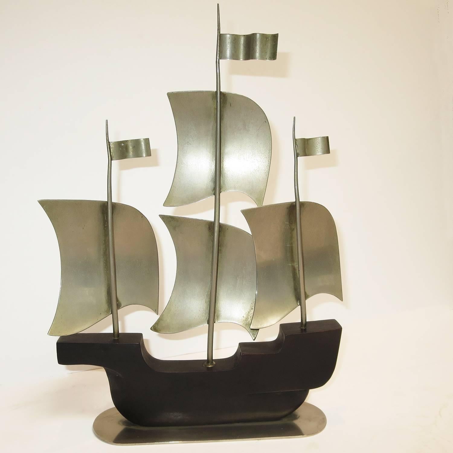 Plated Hagenauer Art Deco Ship Sculpture in Wood and Nickelled Bronze