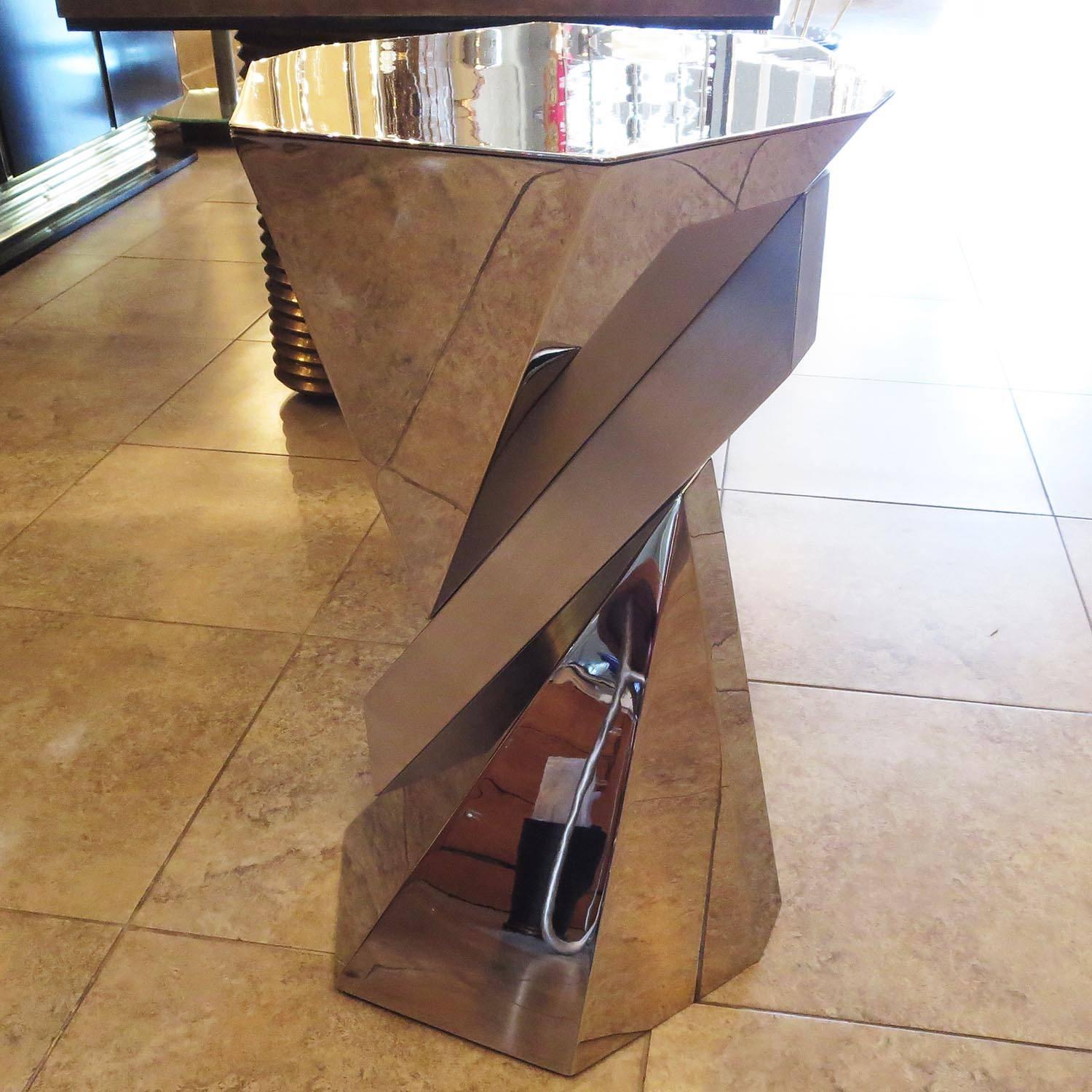 Streamlined Moderne Cubist Pedestal or Side Table in Mirrored Stainless Steel