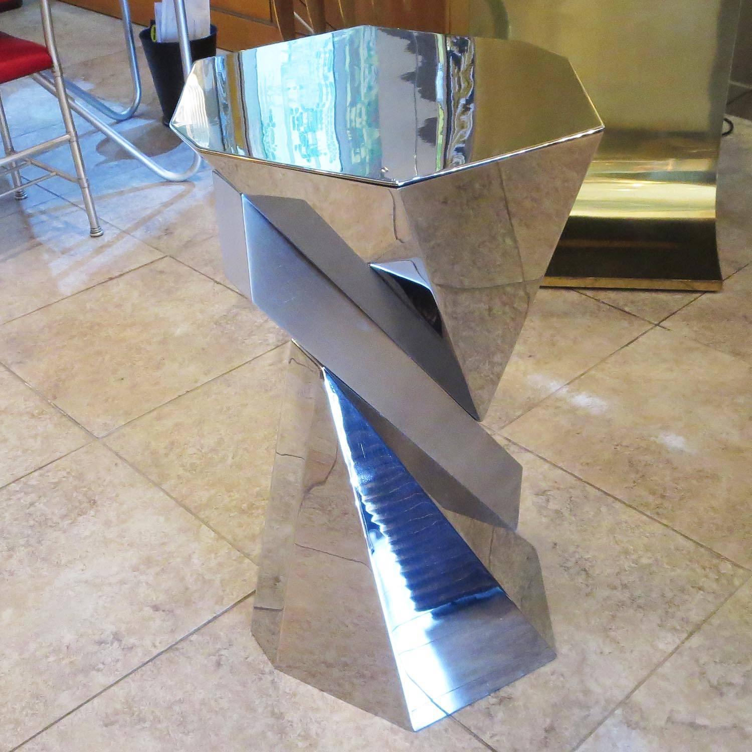 American Cubist Pedestal or Side Table in Mirrored Stainless Steel