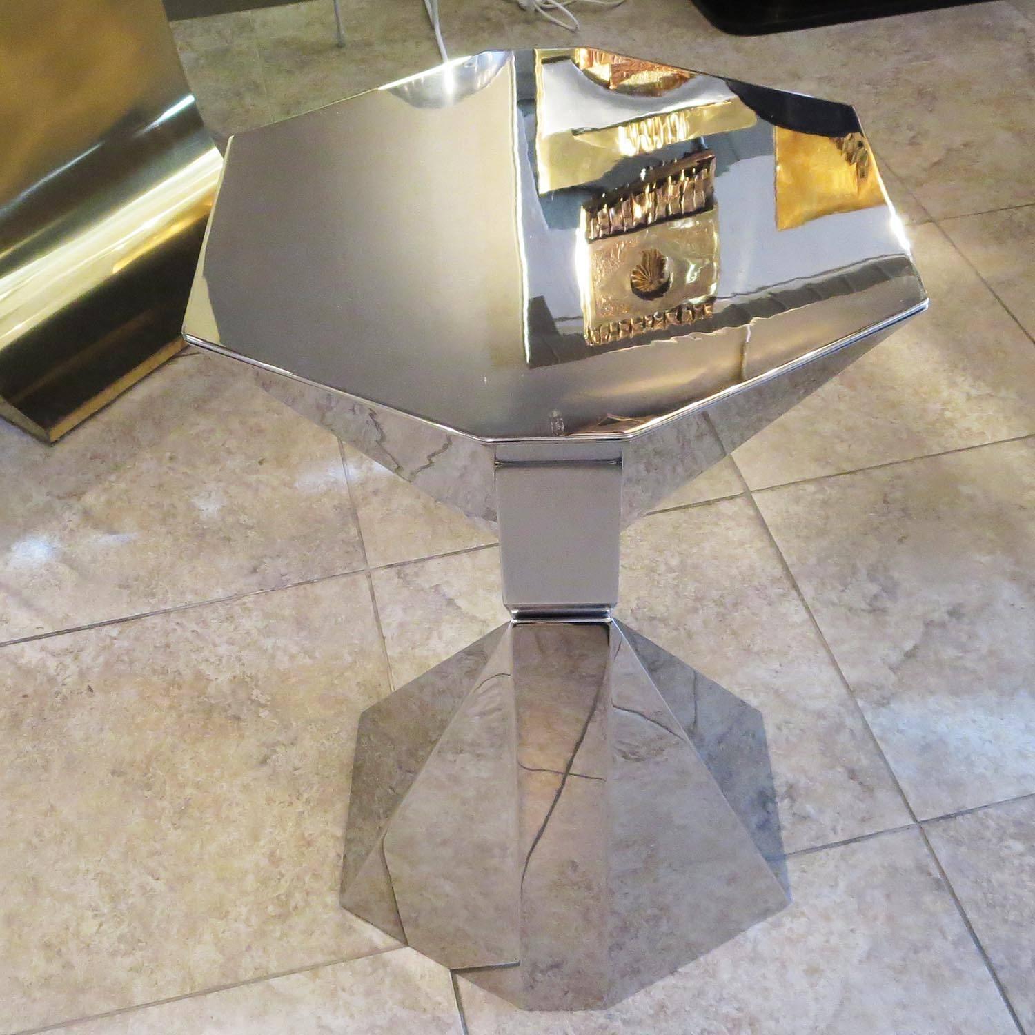 Polished Cubist Pedestal or Side Table in Mirrored Stainless Steel