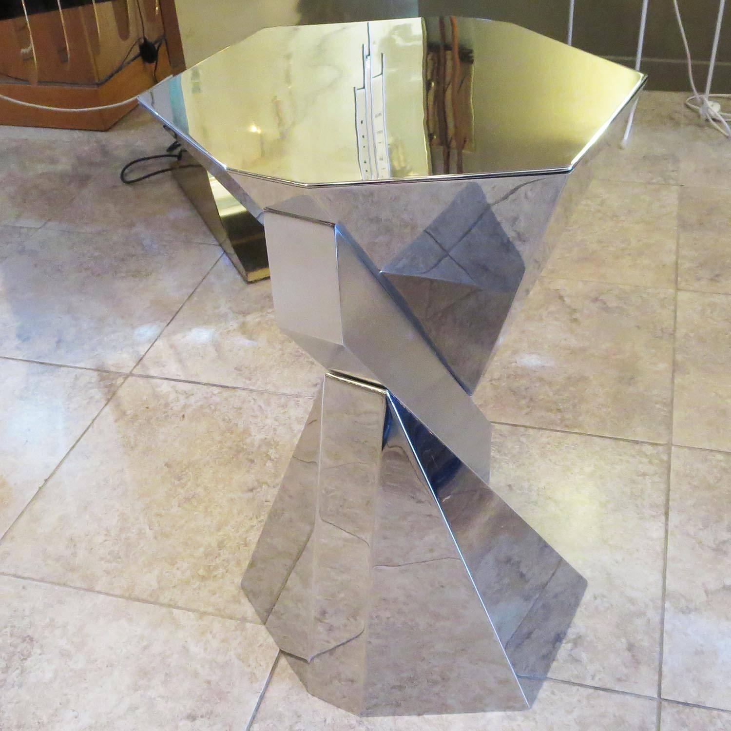 Late 20th Century Cubist Pedestal or Side Table in Mirrored Stainless Steel