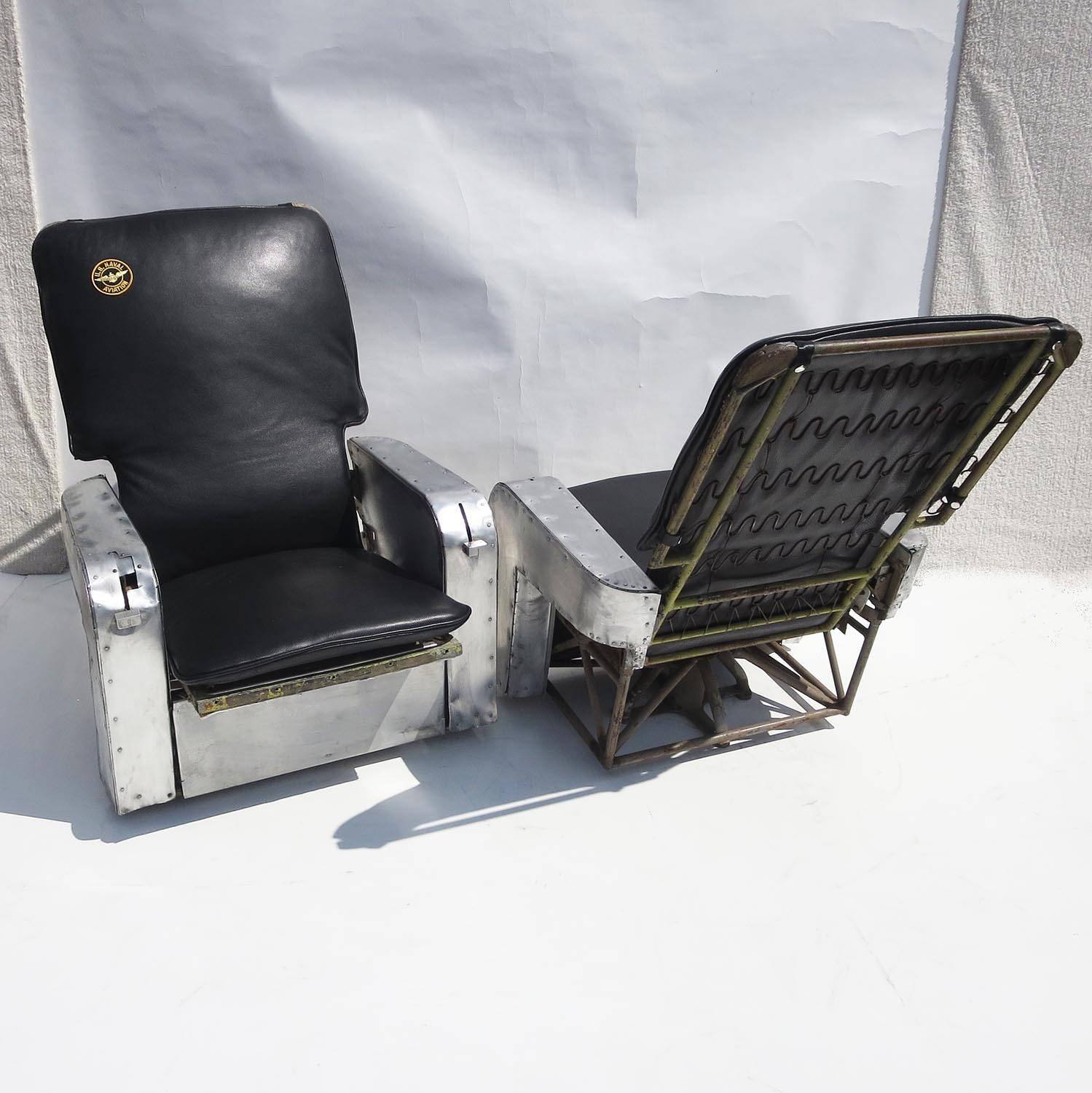 These fantastic chairs came from the interior of an airplane. There are two levers on the arms, recline and swivel. By pulling each lever, one can recline the seat back, or release the locked base to allow a turning action. The chairs have a