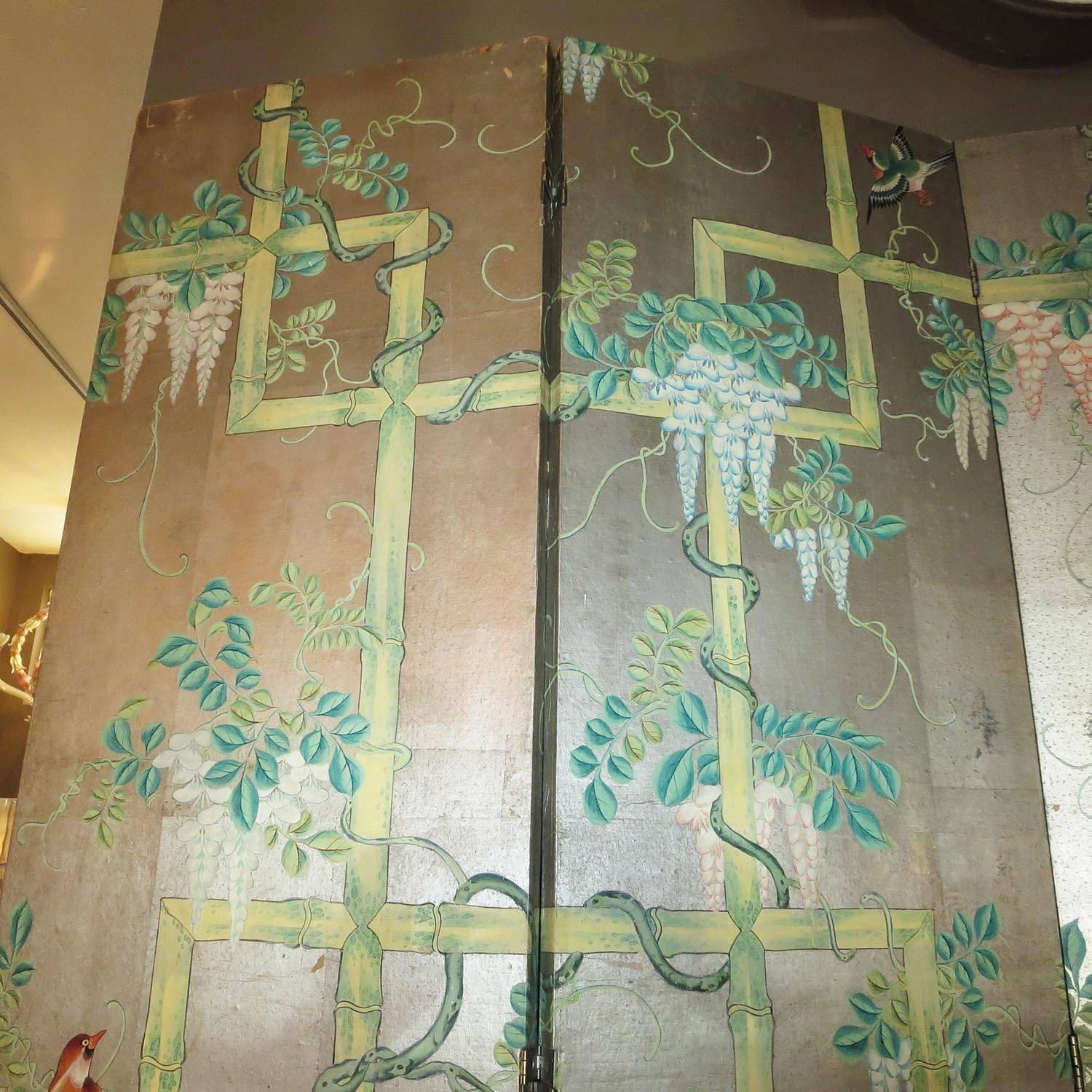 Chinoiserie 19th Century Four-Panel Painted Screen of Birds and Bamboo For Sale