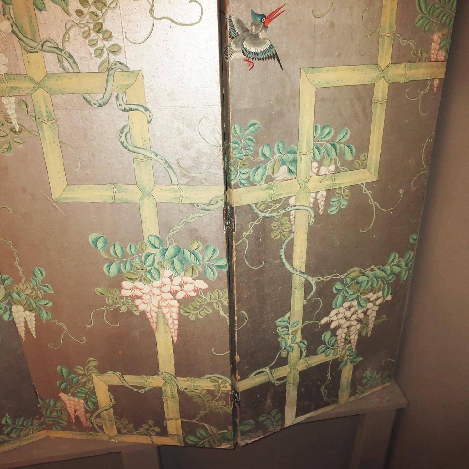 Chinese 19th Century Four-Panel Painted Screen of Birds and Bamboo For Sale