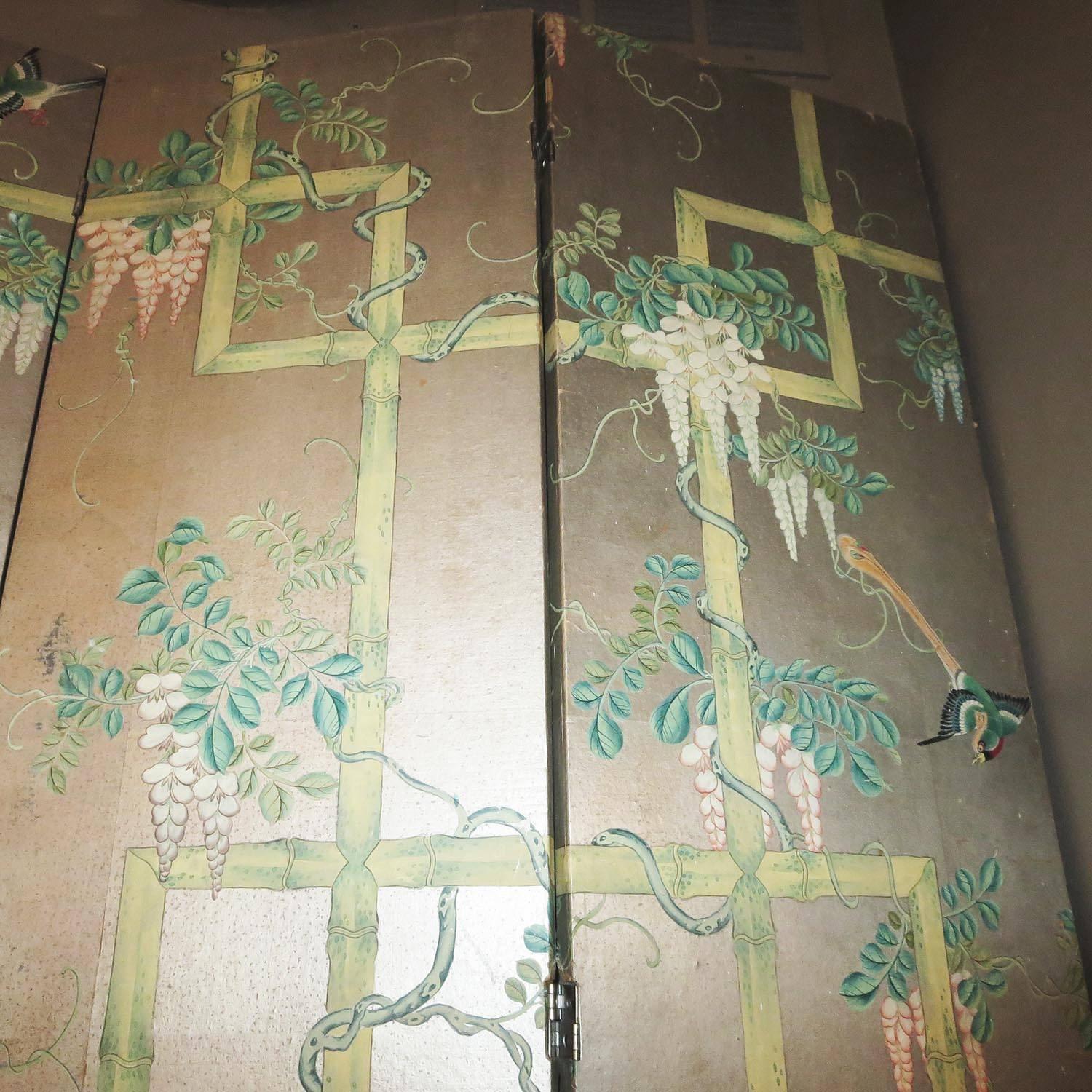 Other 19th Century Four-Panel Painted Screen of Birds and Bamboo For Sale