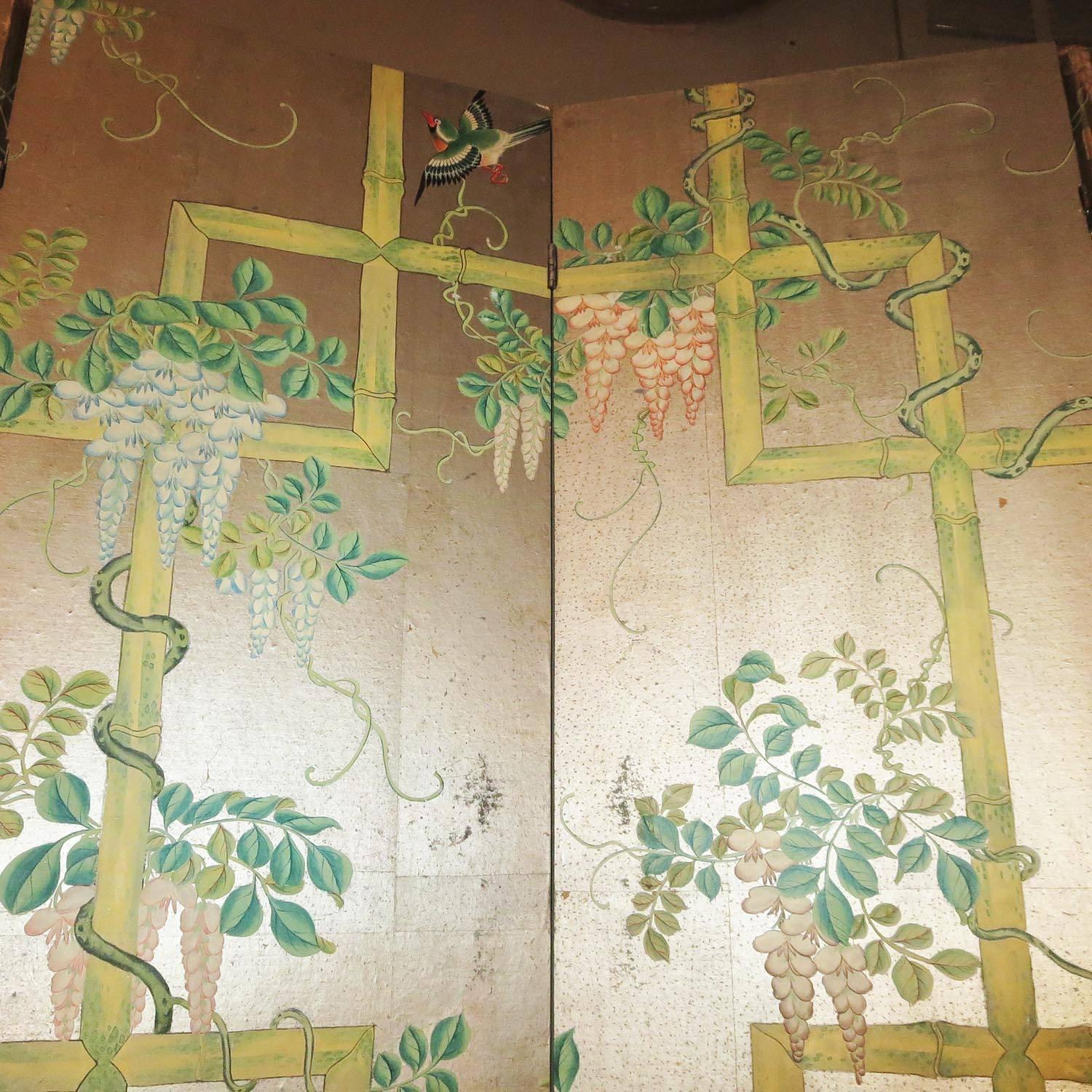 19th Century Four-Panel Painted Screen of Birds and Bamboo In Distressed Condition For Sale In North Hollywood, CA