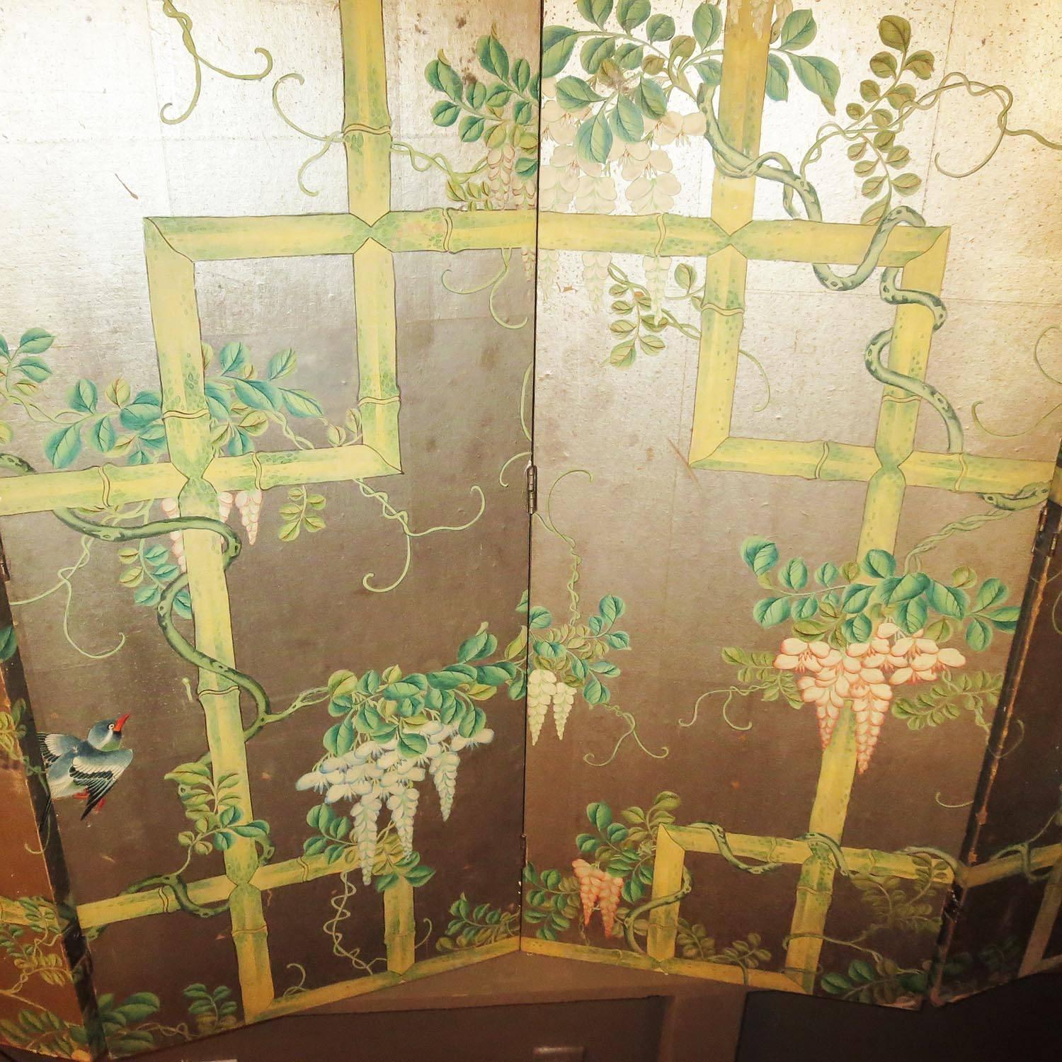 18th Century 19th Century Four-Panel Painted Screen of Birds and Bamboo For Sale
