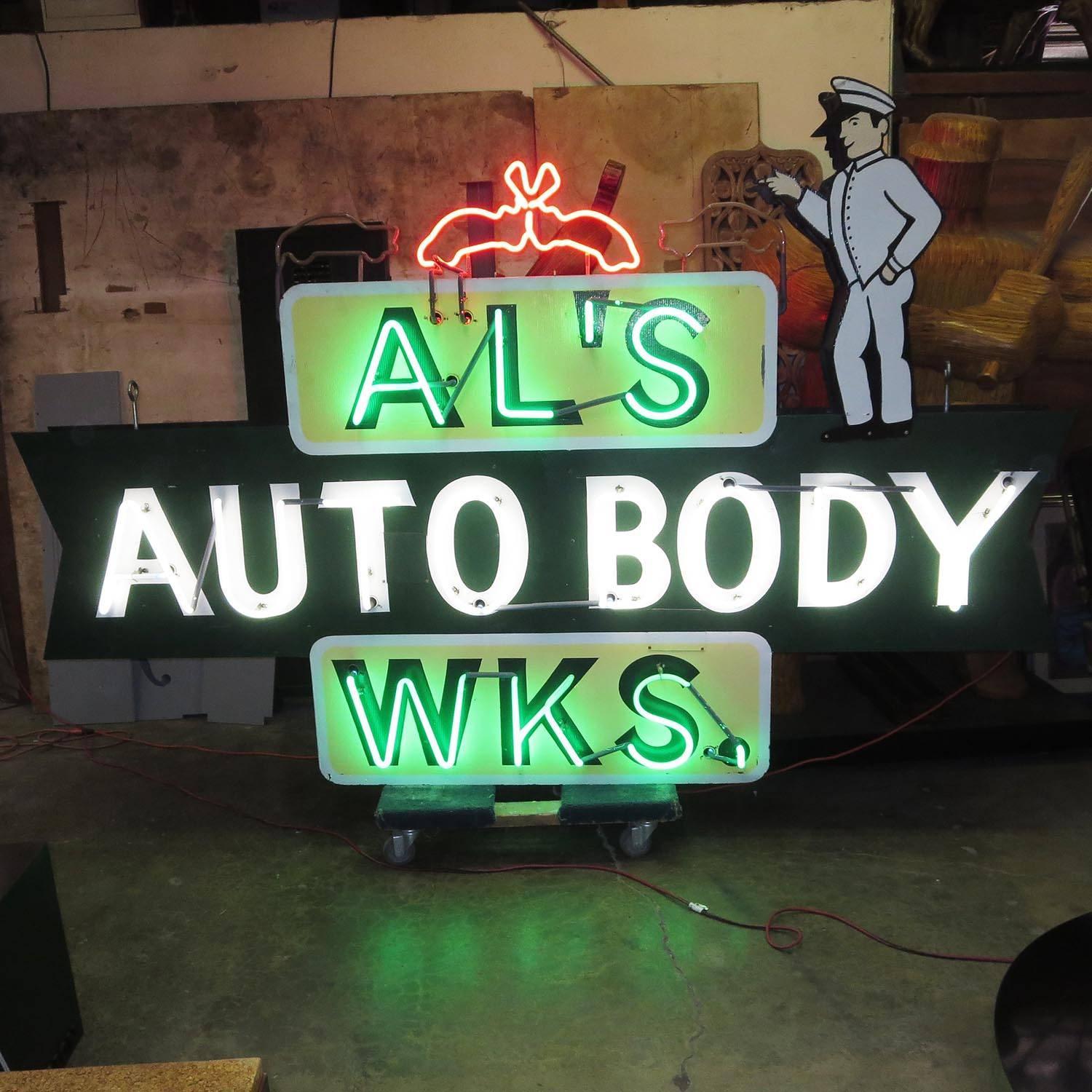 LargeScale Neon Sign "Al's Auto Body Works," DoubleSided at 1stdibs