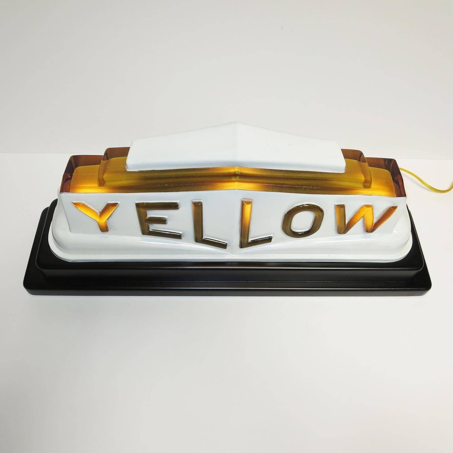 Lacquered Art Deco Yellow Cab Glass Lighted Taxi Roof Sign