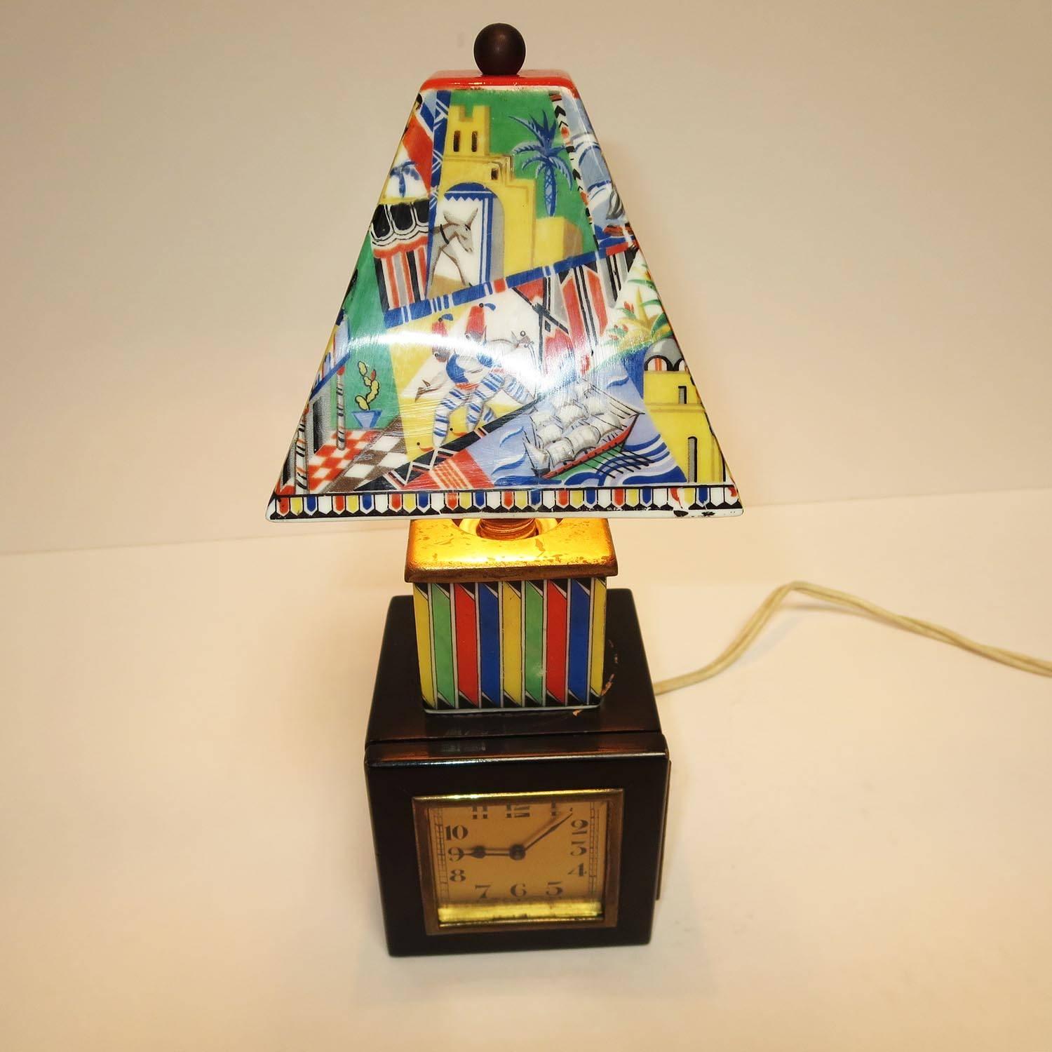 Porcelain German Art Deco Petite Table Lamp and Clock