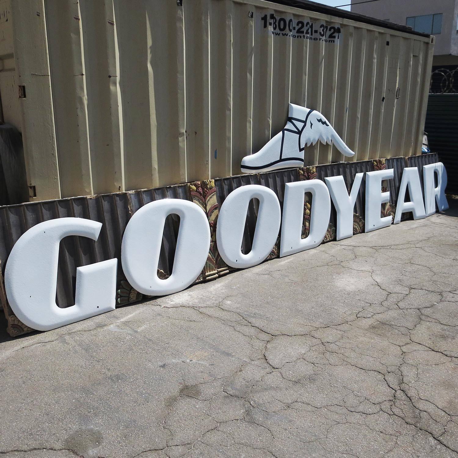 This is the largest of the porcelain enameled signs made for Goodyear Tires. When set end to end without spacing, the sign measures just over 29 feet! Each letter is 31 inches tall, and between 33 to 38 inches wide. The Mercury winged foot measures