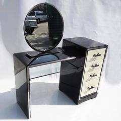 Norman Bel Geddes Art Deco Vanity Dressing Table, Seat and Mirror for Simmons