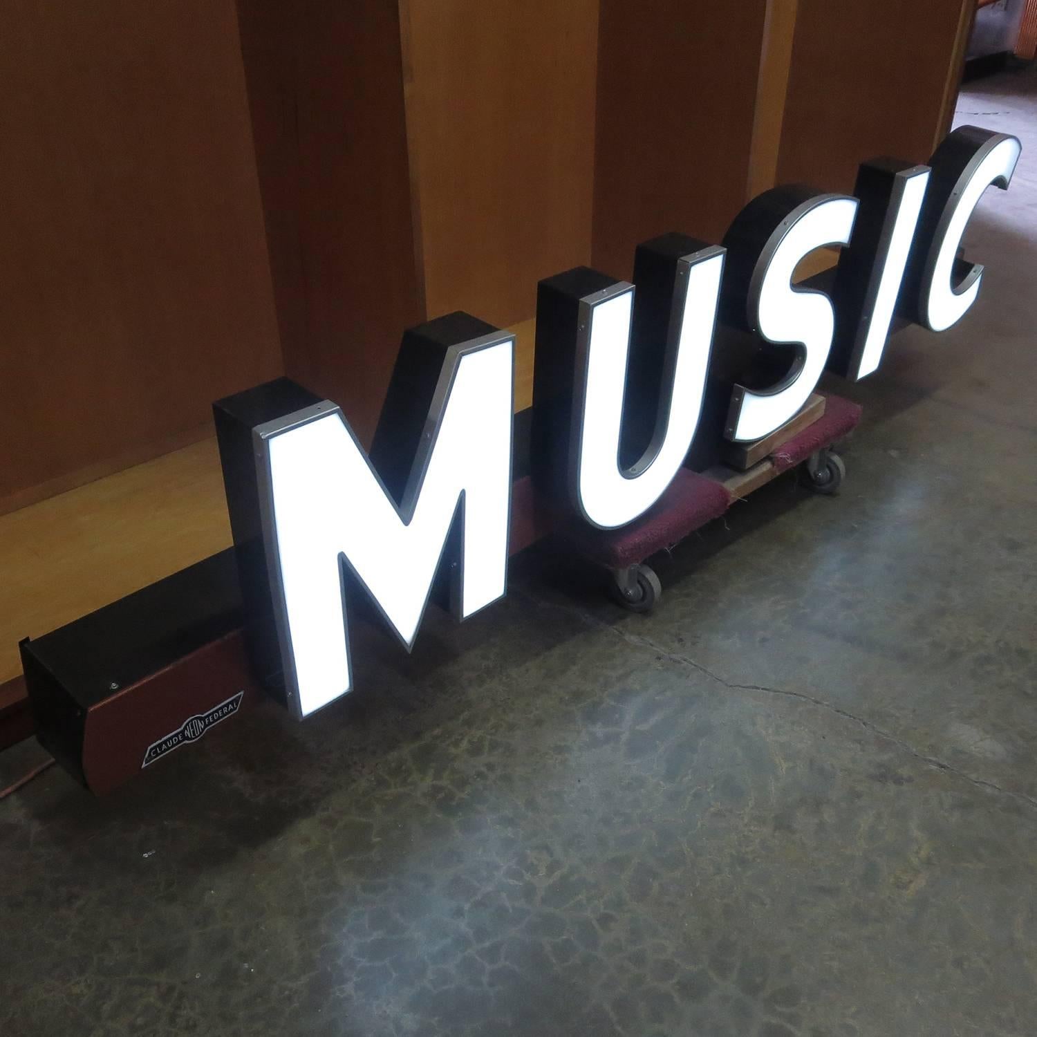 Mid-Century Modern Large Music Storefront Sign in Lighted Neon