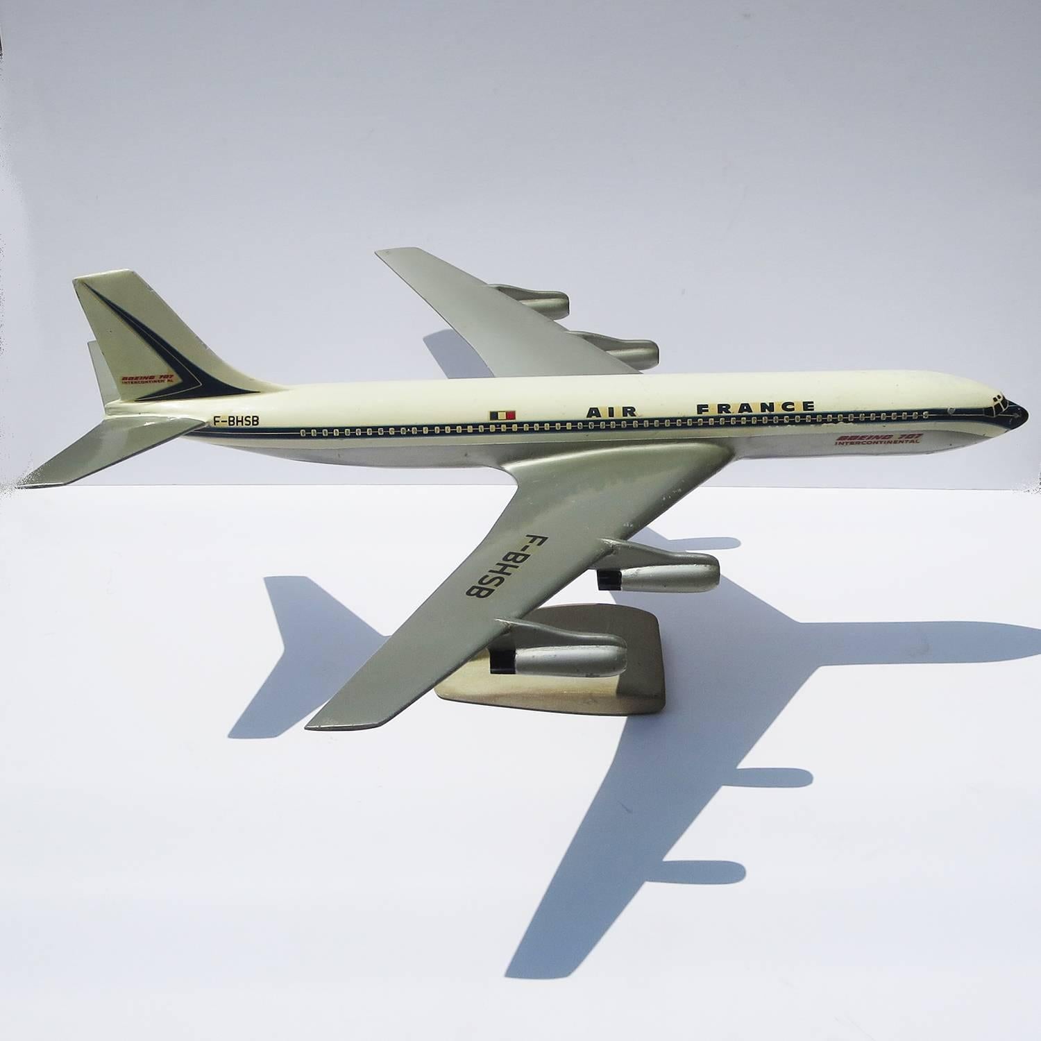 Introduced by Boeing in 1958, the 707 ushered in the age of commercial jet travel. Our model was used in travel agencies or executive offices to promote the jet, as flown by Air France. Painted metal aircraft models were a costly advertisement and