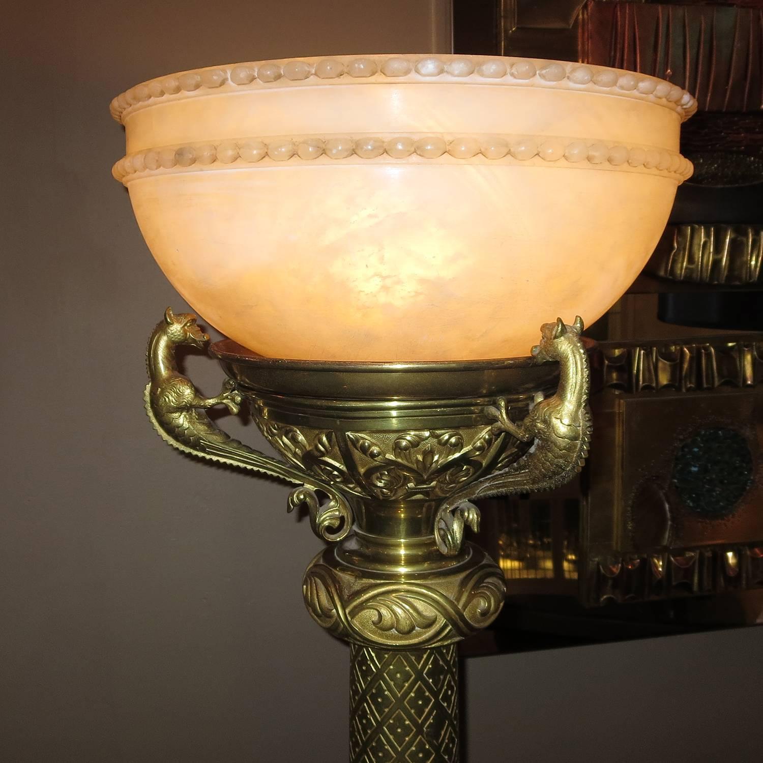 Beaux Arts Standing Dragon Lamp in Brass and Alabaster 2