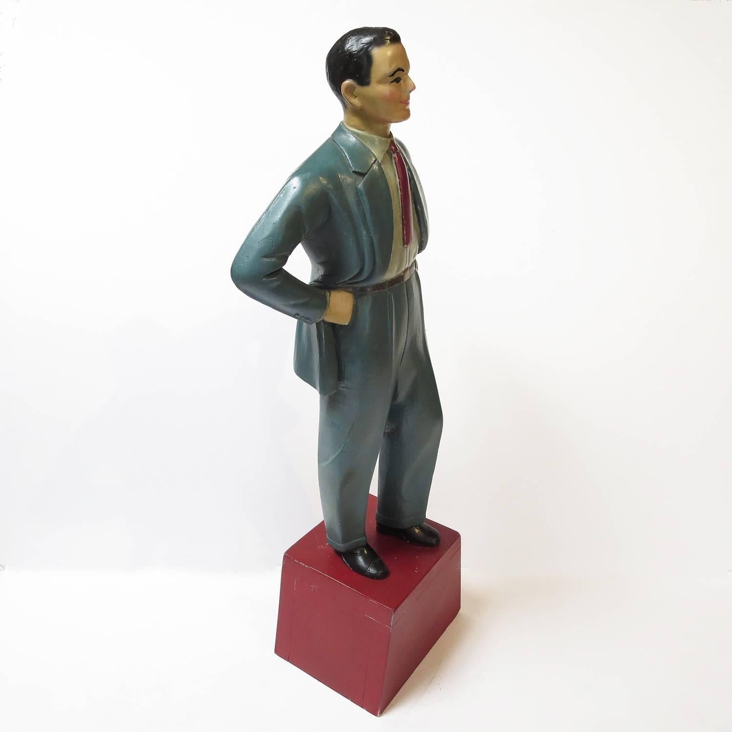 Art Deco 1940s Carved Wooden Painted Gentleman Counter Display in Blue Suit