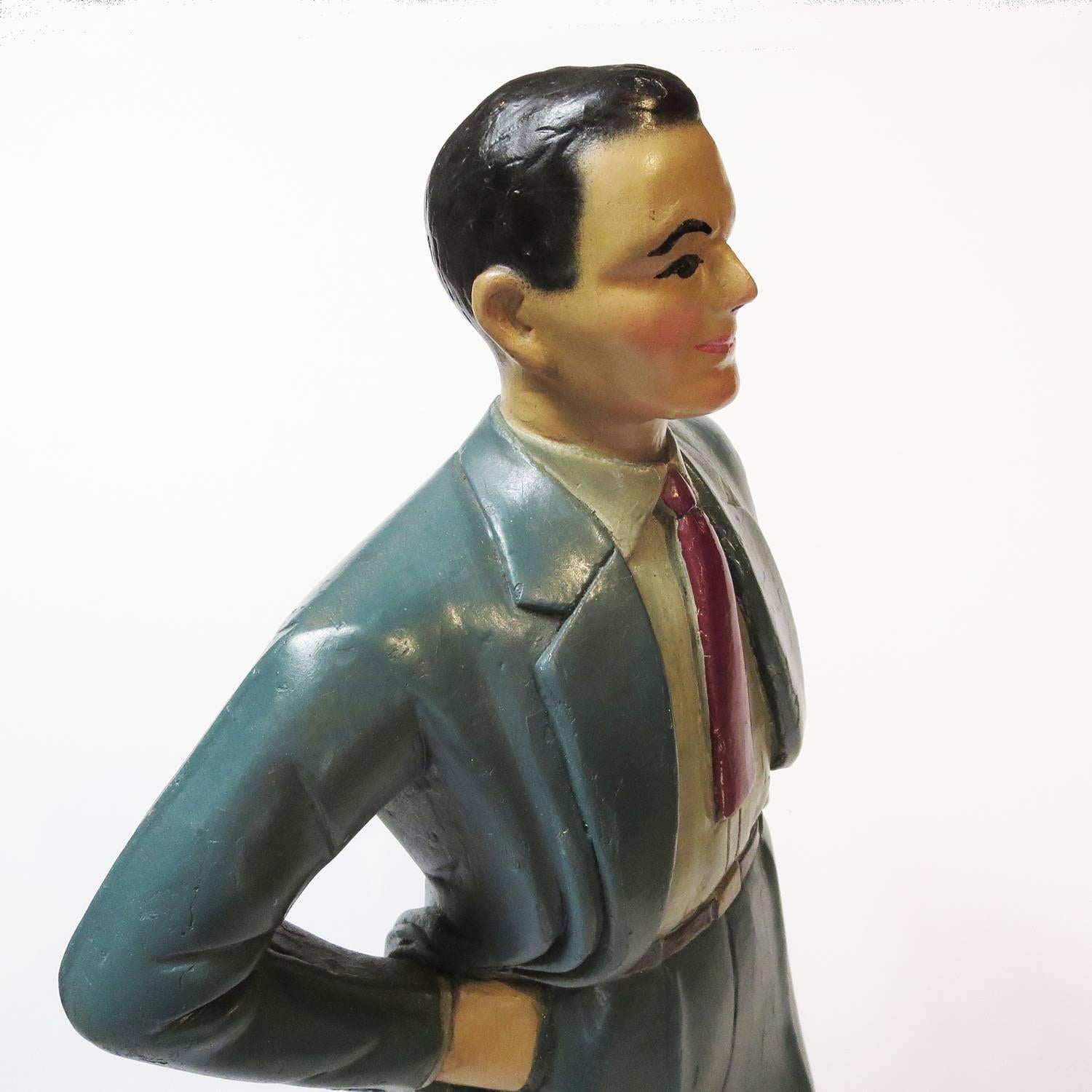 American 1940s Carved Wooden Painted Gentleman Counter Display in Blue Suit