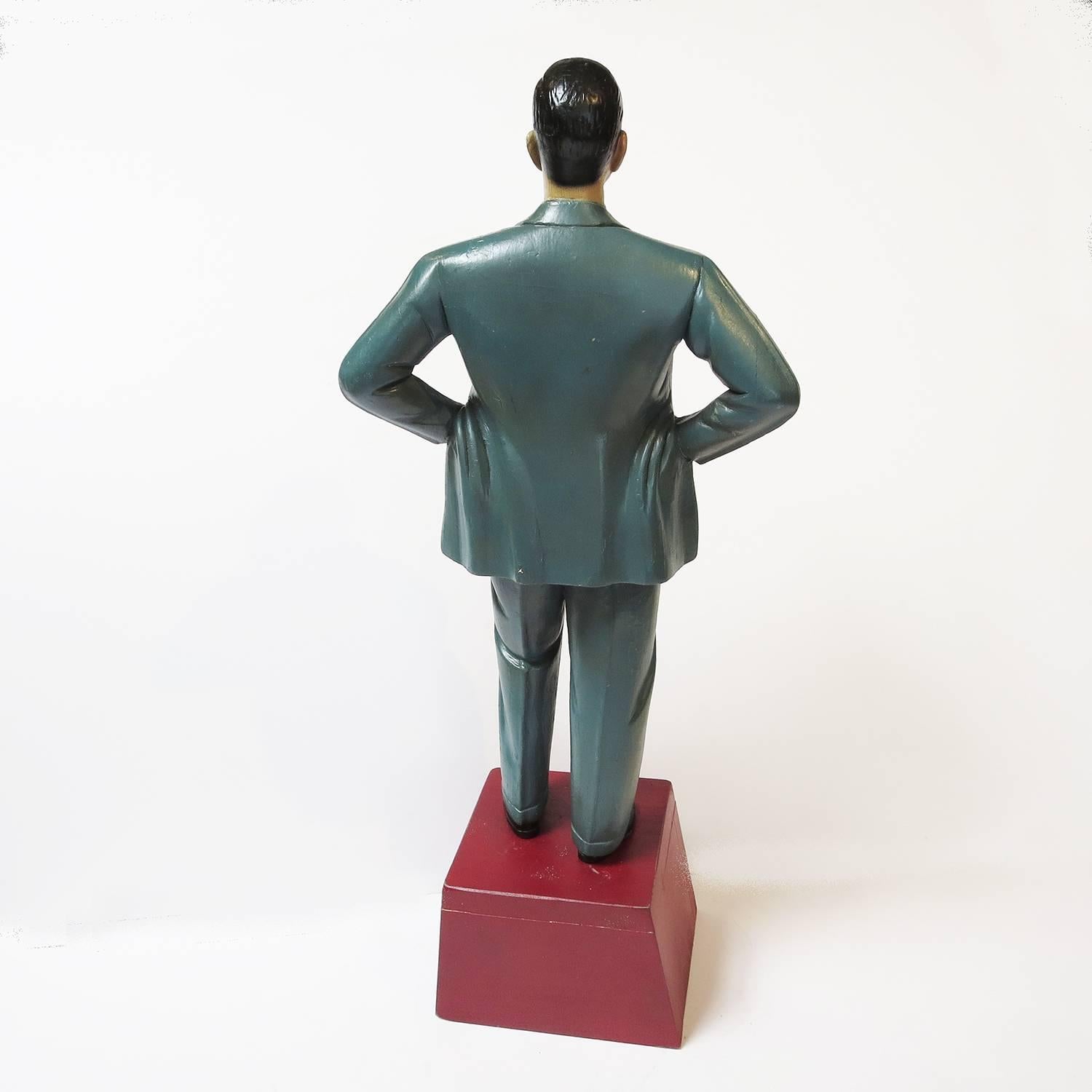 1940s Carved Wooden Painted Gentleman Counter Display in Blue Suit In Good Condition In North Hollywood, CA