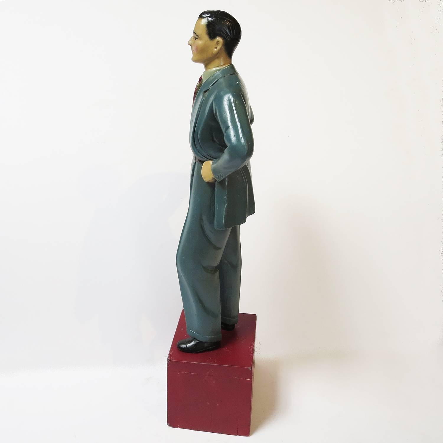 Mid-20th Century 1940s Carved Wooden Painted Gentleman Counter Display in Blue Suit