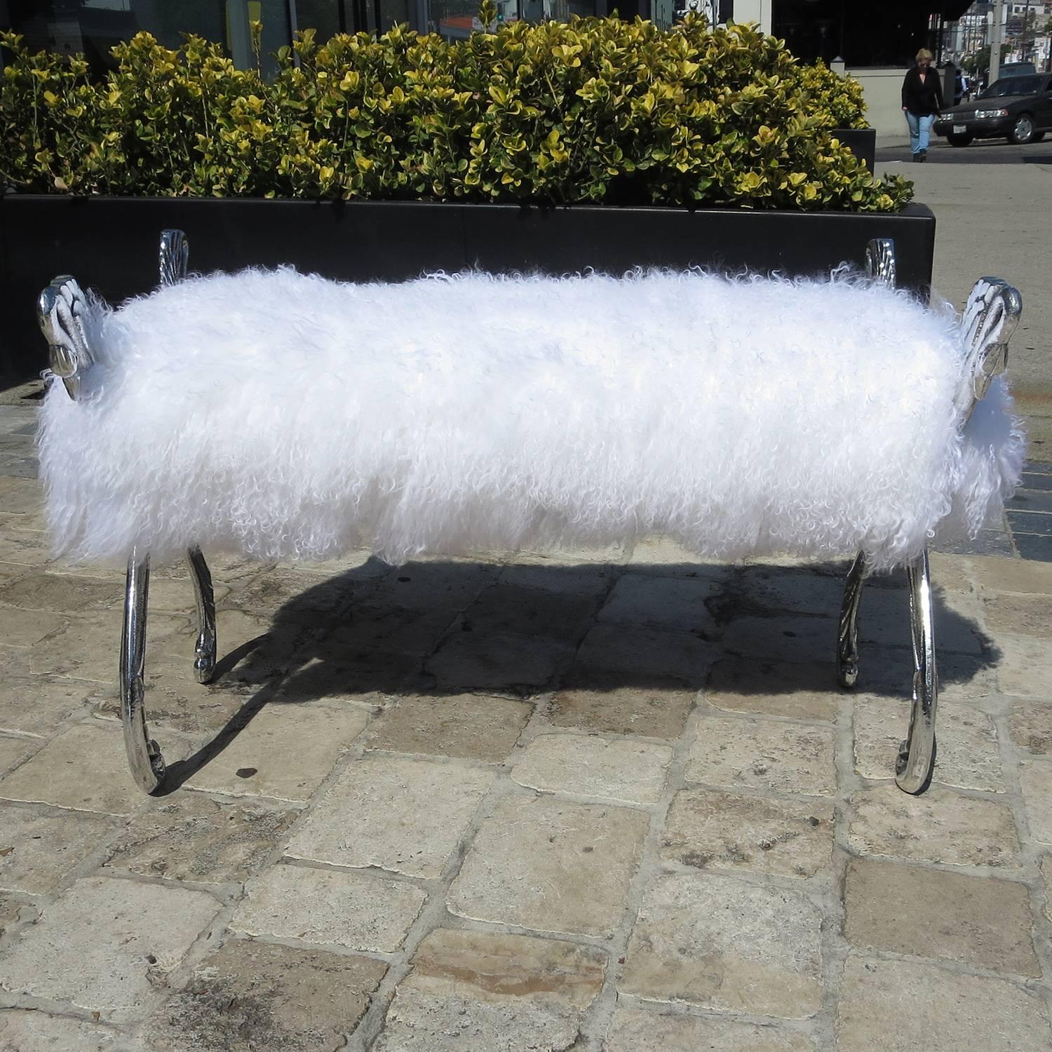 Mid-Century Modern Glamorous Boudoir Bench with Polished Swans and Silky Fur