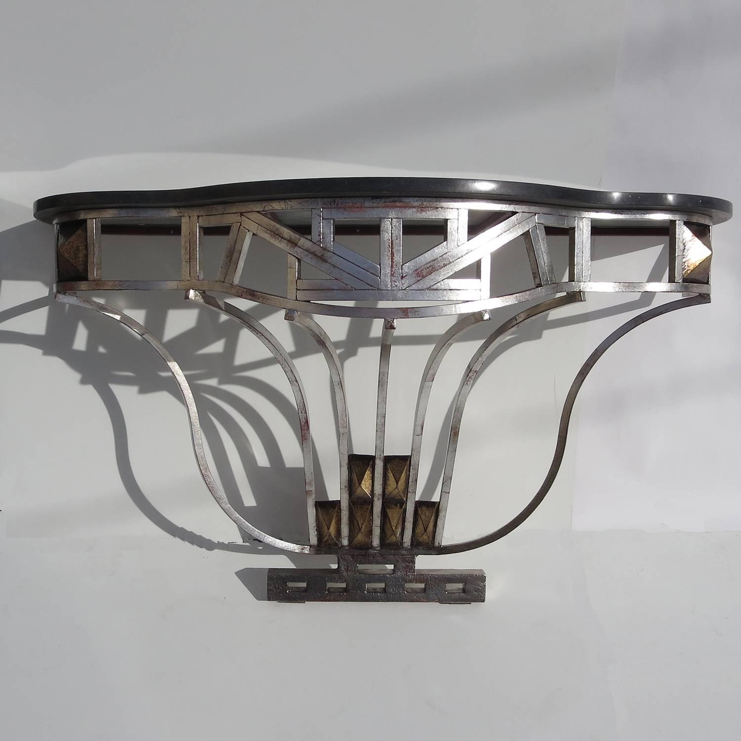 American Art Deco Silvered Iron and Marble Console Table