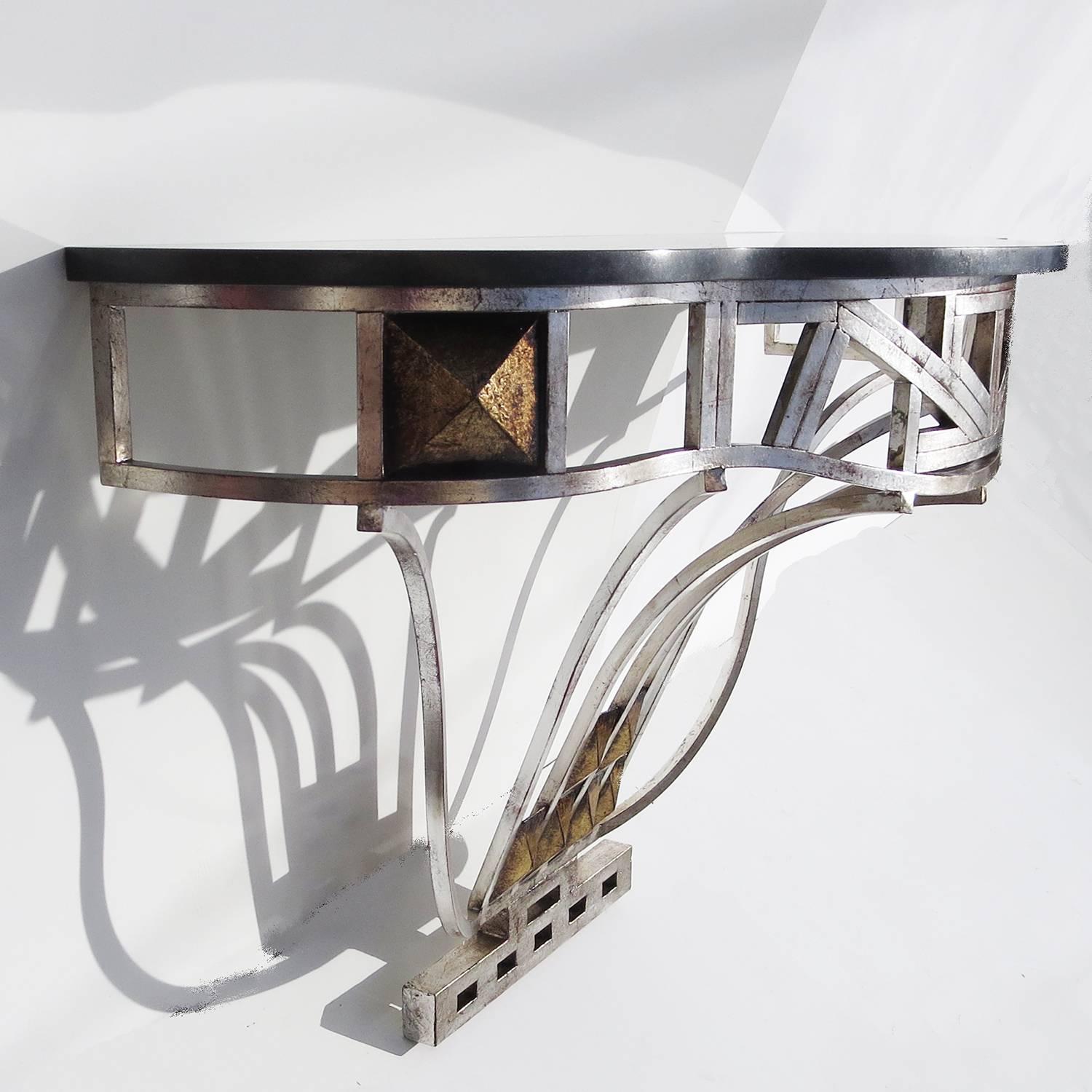 Mid-20th Century Art Deco Silvered Iron and Marble Console Table