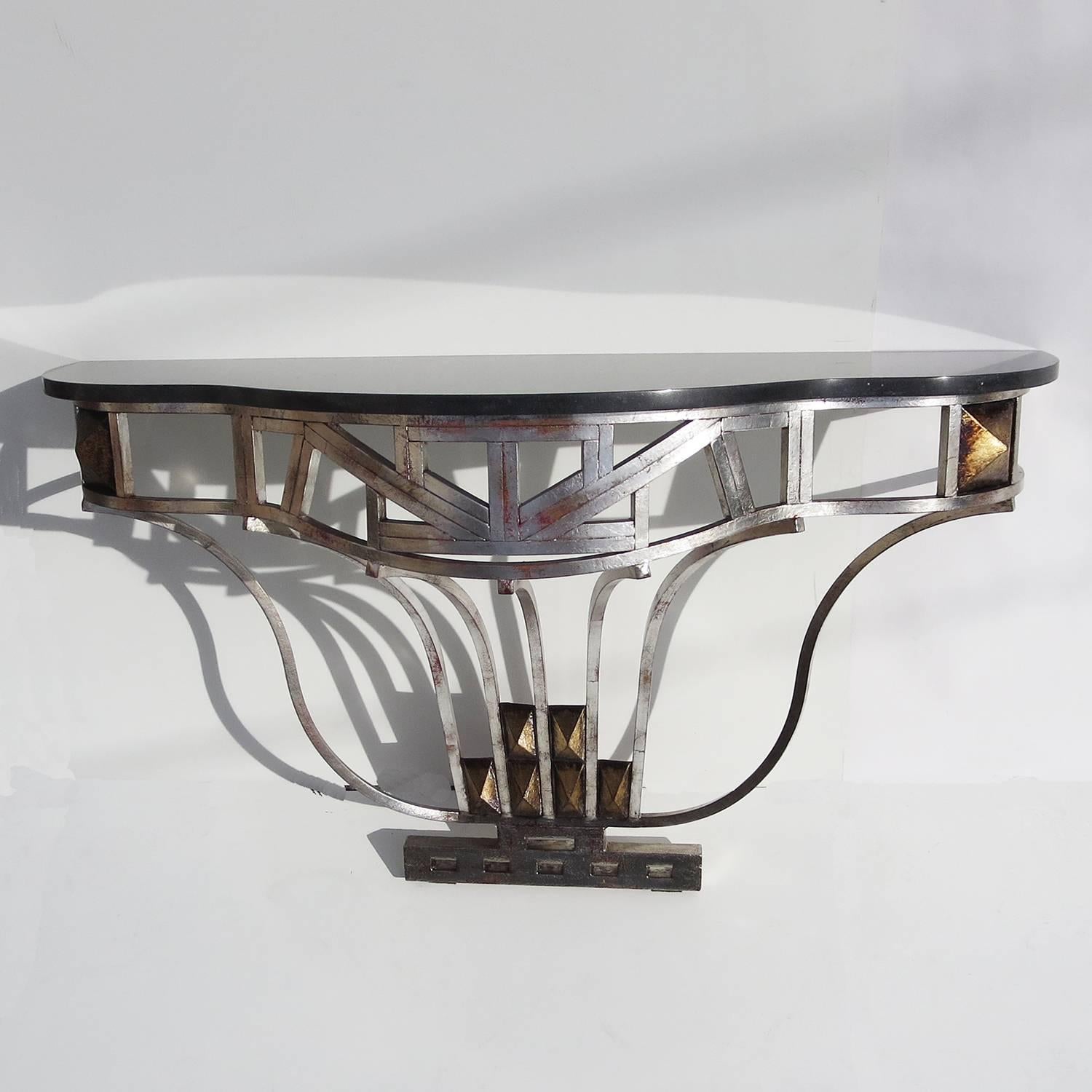 Art Deco Silvered Iron and Marble Console Table 2