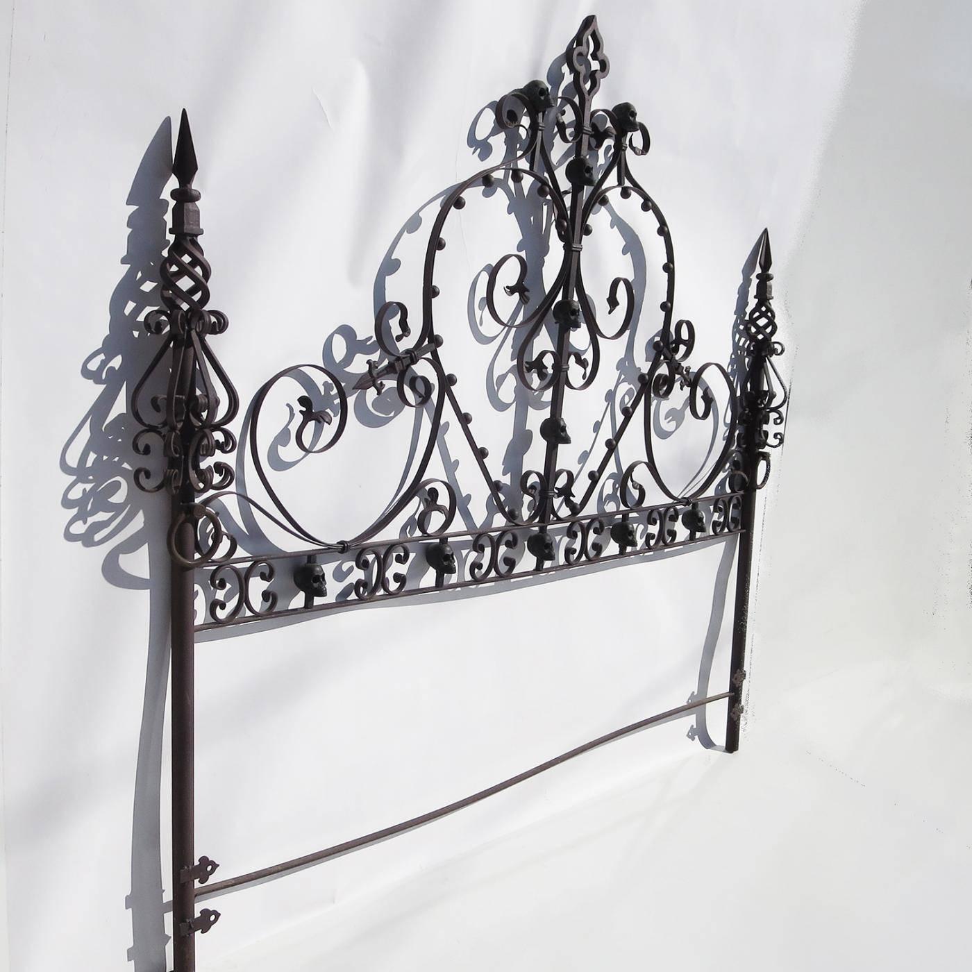 Gothic Revival Custom Made Gothic Iron Bed with Bronze Skulls