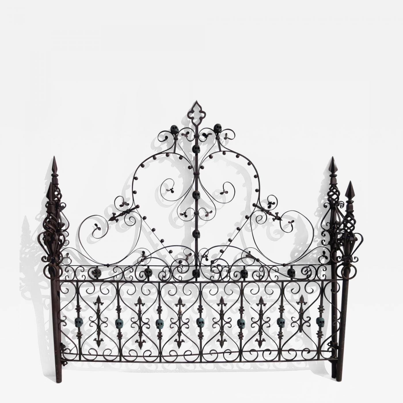 Cast Custom Made Gothic Iron Bed with Bronze Skulls