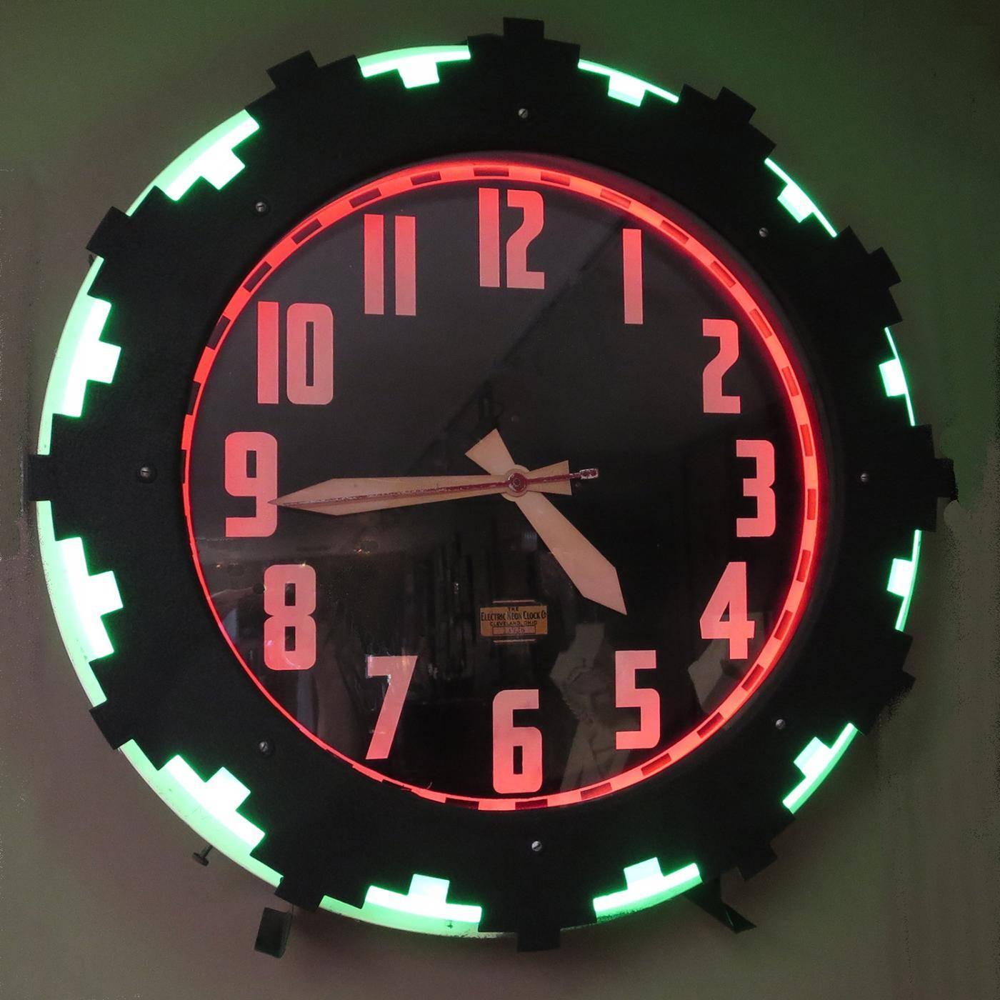 Art Deco "Aztec" Two Color Neon Wall Clock For Sale at 1stdibs