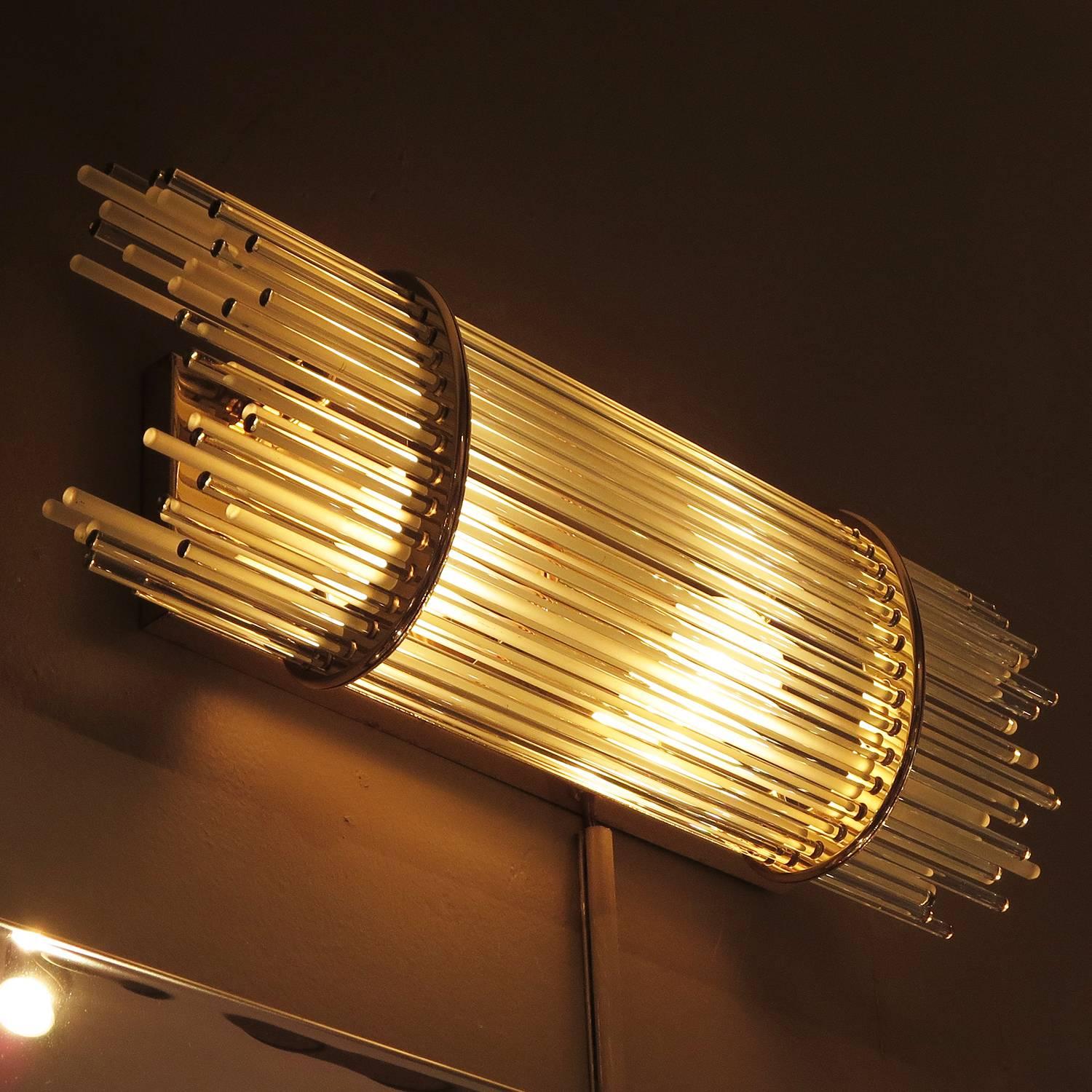 Plated Brass and Glass Rod Mid-Century Wall Sconces by Forecast For Sale