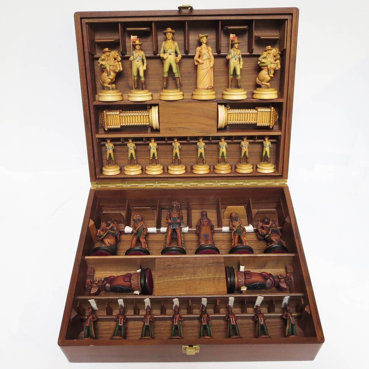 Anri of Italy created some of the finest hand-carved chess sets ever, and ours is no exception. The finely carved and boxed sets are referred to as Monsalvat and came in different themes. Ours is US Cavalry and Indians (Native Americans). The set is