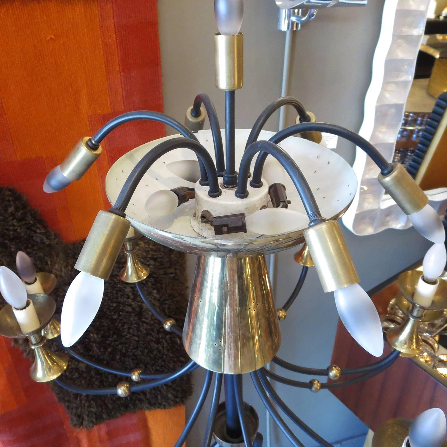 Pair of Italian Mid-Century Candelabra Style Wrought Iron & Brass Floor Lamps In Good Condition In North Hollywood, CA
