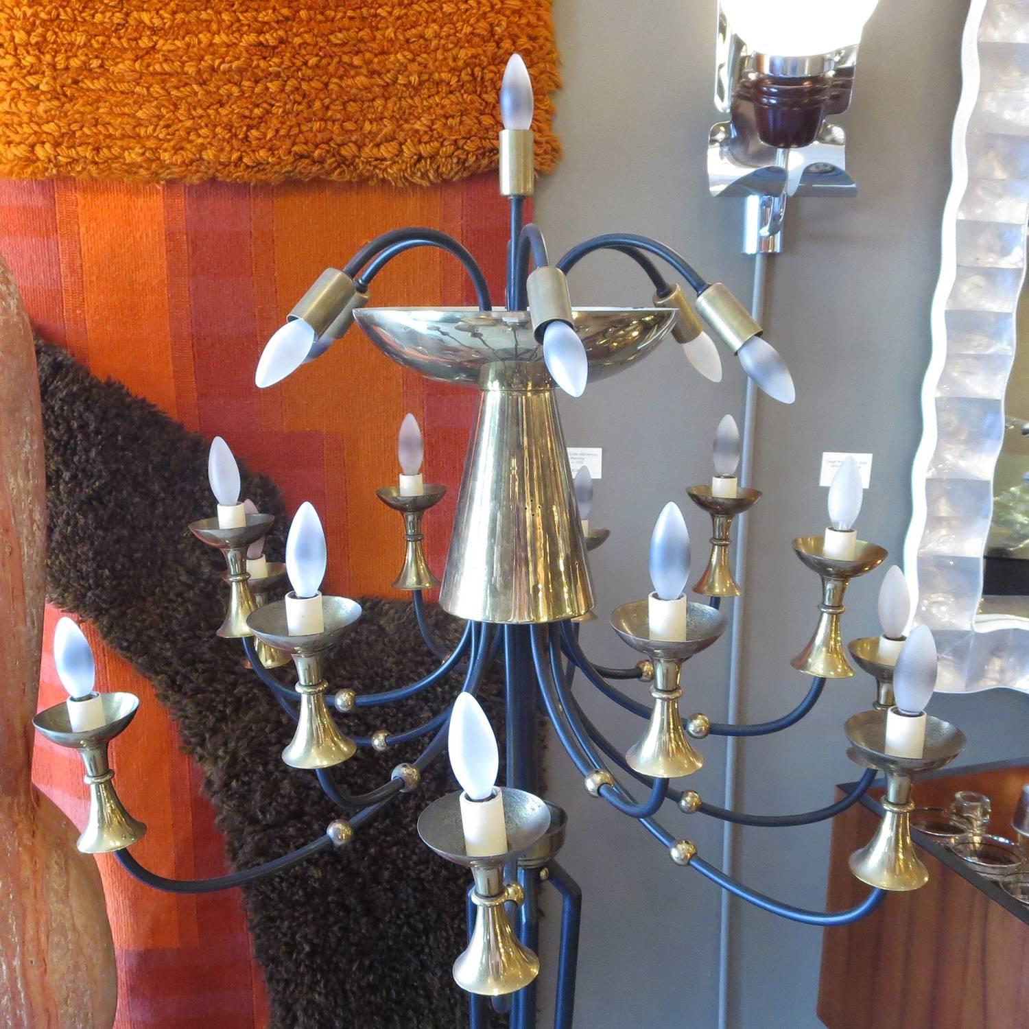 Pair of Italian Mid-Century Candelabra Style Wrought Iron & Brass Floor Lamps 1