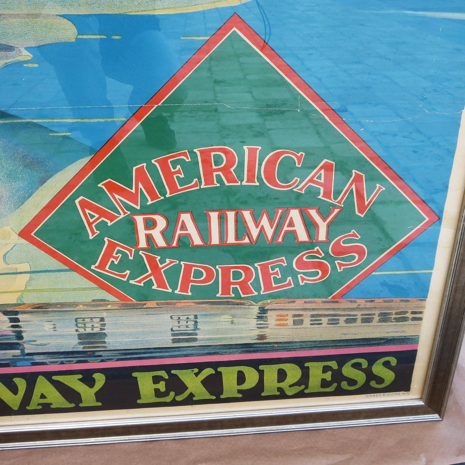 Early 20th Century Framed American Railway Express Art Deco Train Travel Poster