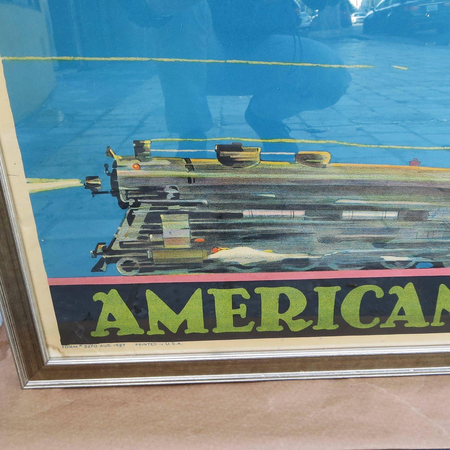Wood Framed American Railway Express Art Deco Train Travel Poster